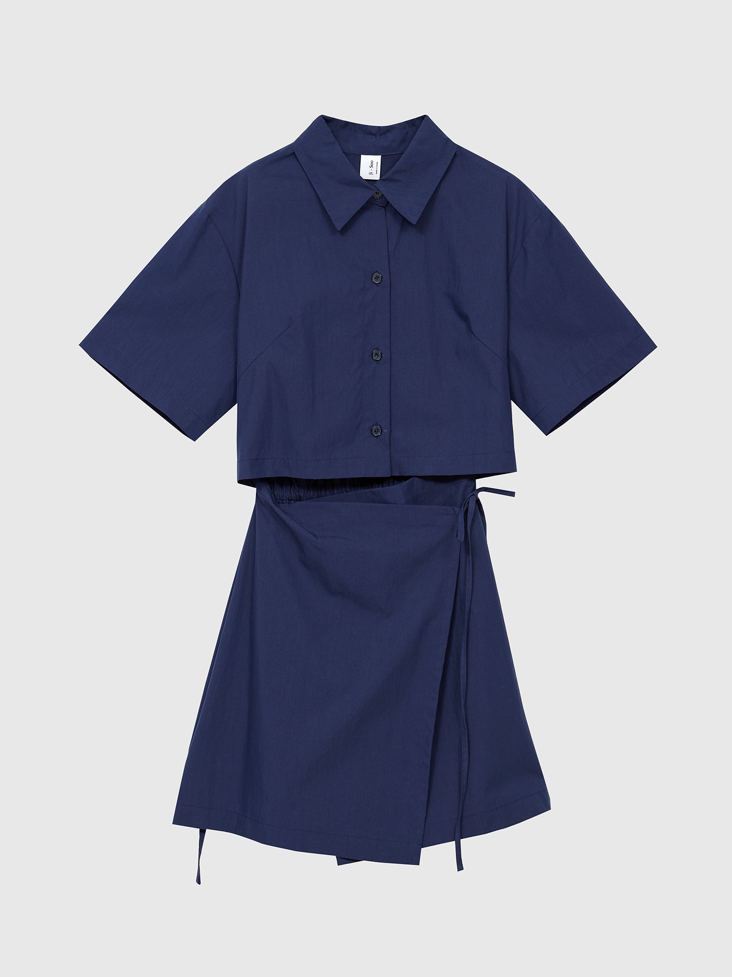 A product detailed view of the navy shirt dress, showcasing its front design and capturing the essence of South Korea fashion.