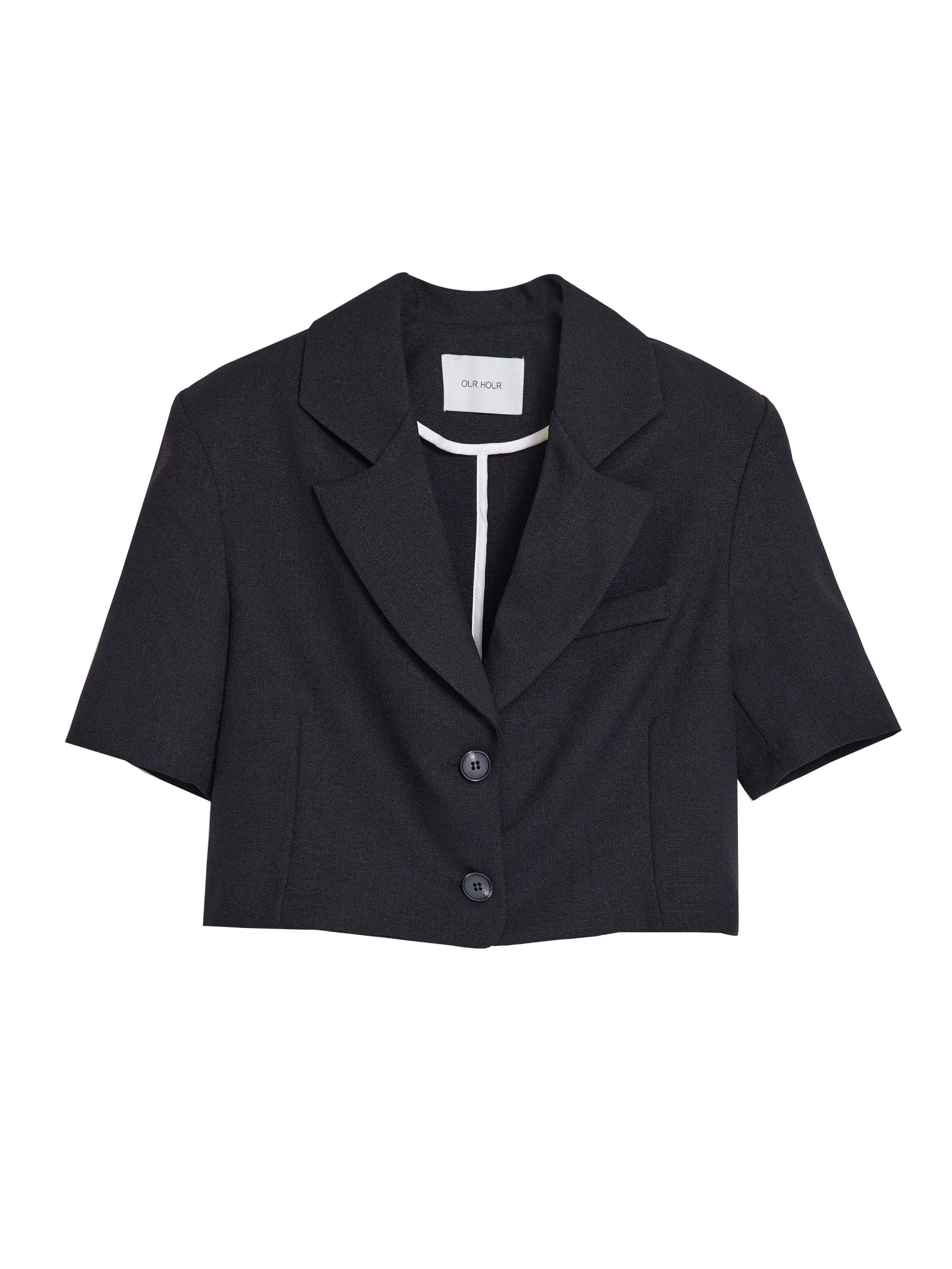 It captures the front side of the black short-sleeve blazer with white backdrop.