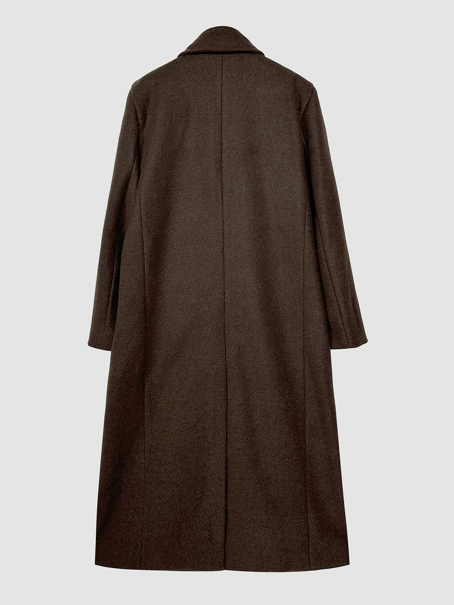 Back view of the brown single breasted overcoat that shows the detailed design of the back.