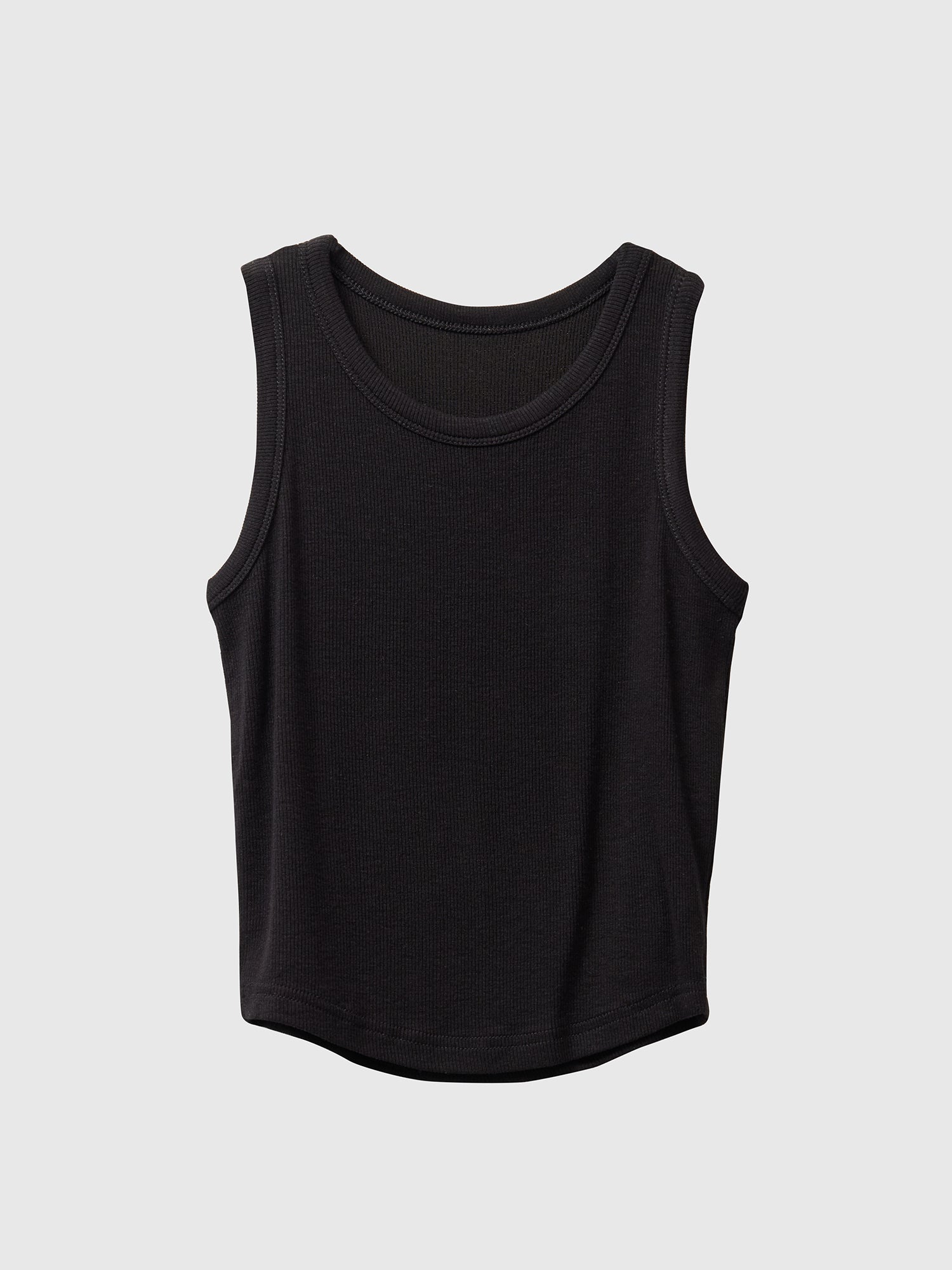 Product detailed view of a Korean aesthetic outfit, showcasing a sleek black sleeveless tank top with exquisite attention to detail.