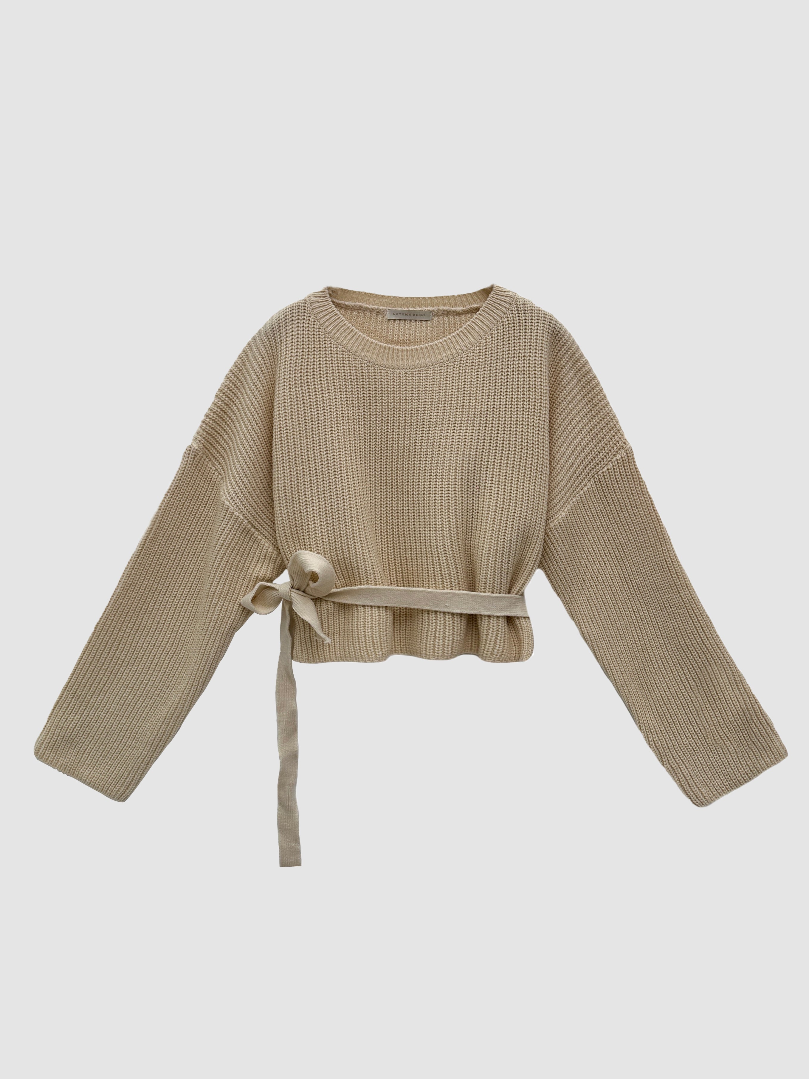 Offer a comprehensive product view of the beige Sloane sweater, focusing on its intricate front design elements.