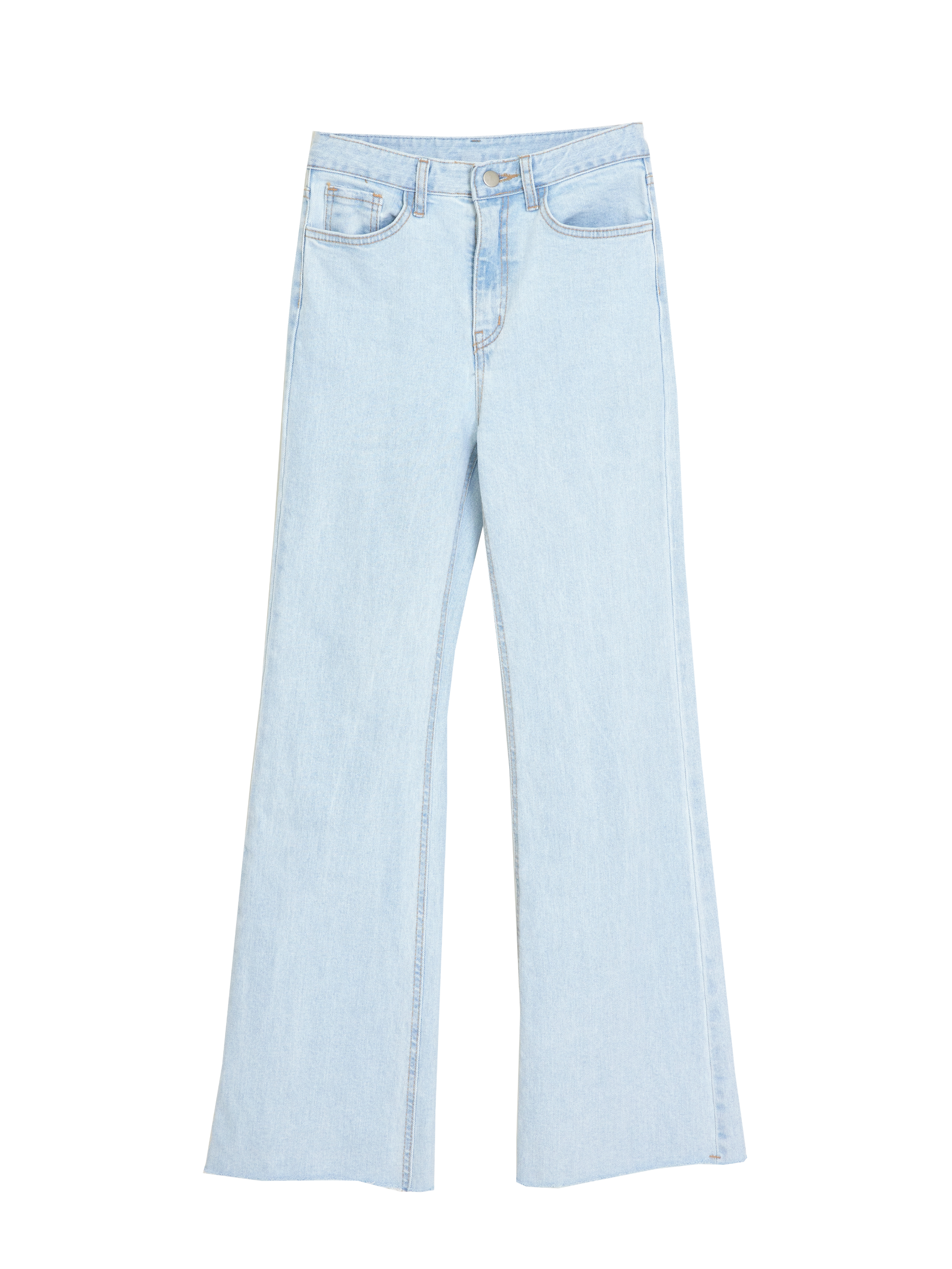 Front view of the straight leg jeans showing the front side of the jeans.