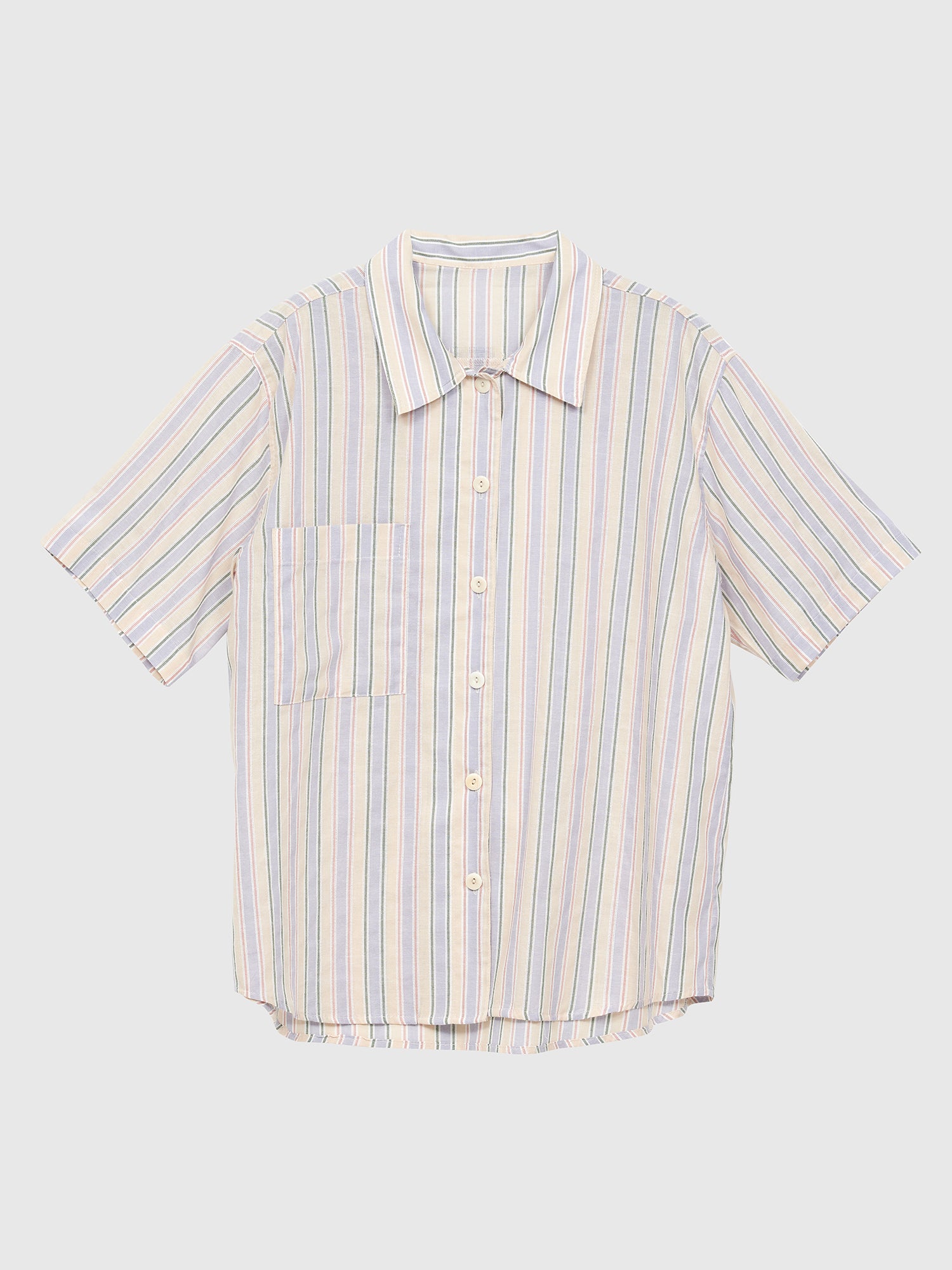 Product detailed view of the stripe print shirt showing the front design detail of the shirt.