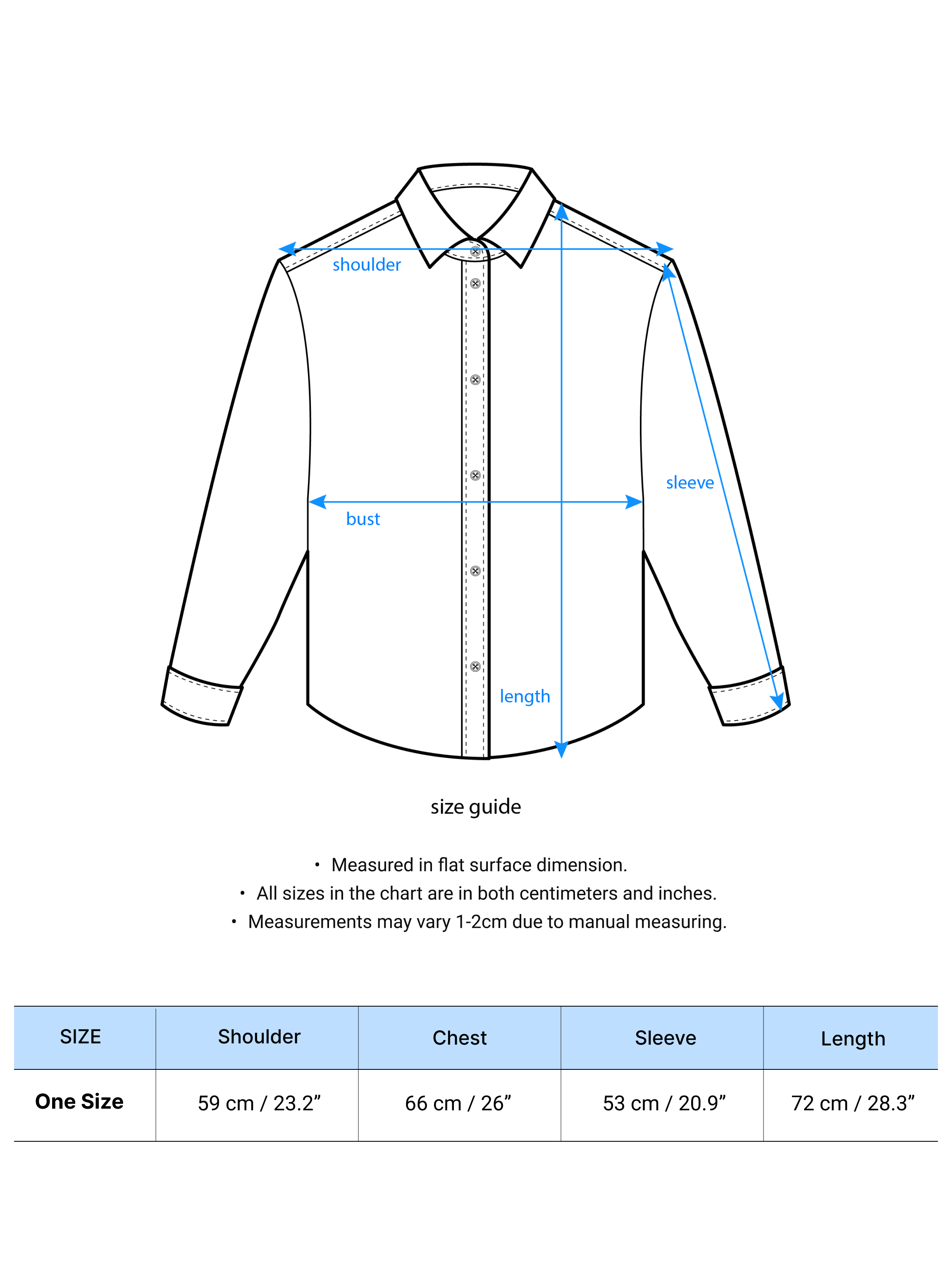 A picture of size chart that shows the detailed measurement of the product.