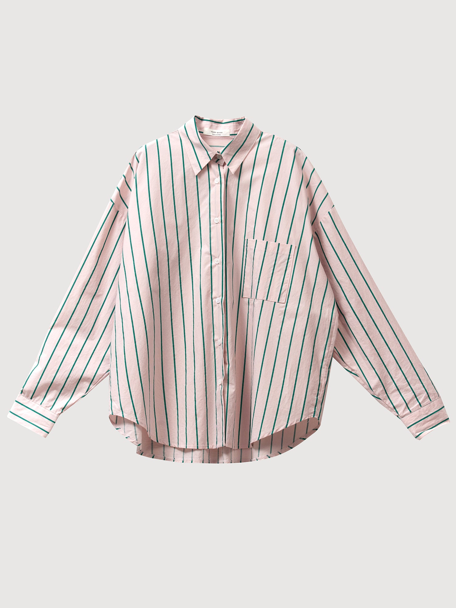 Product detailed view of a striped loose shirt with white backdrop.