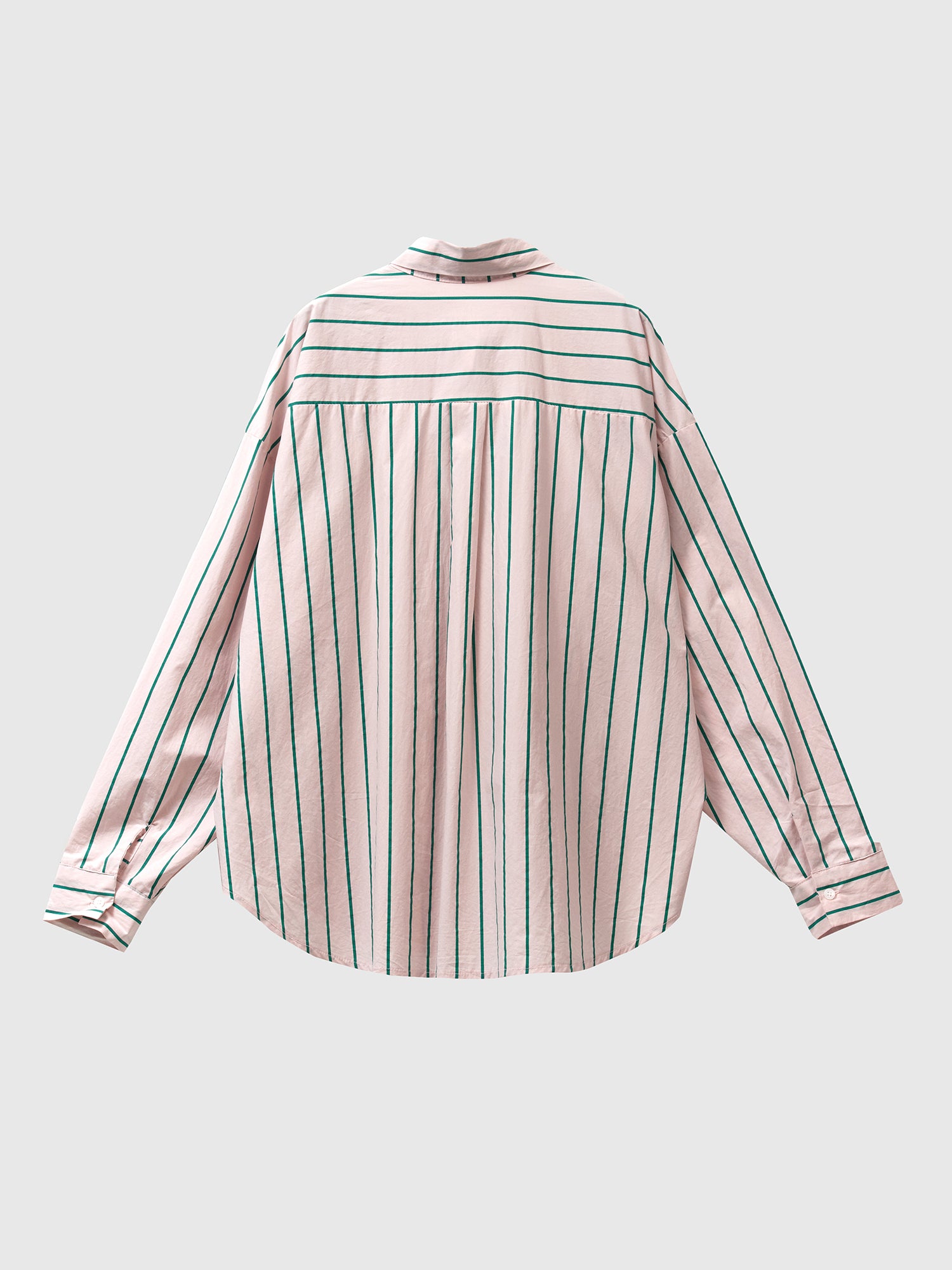 Back shot of the striped loose shirt showcasing the back side of the shirt.