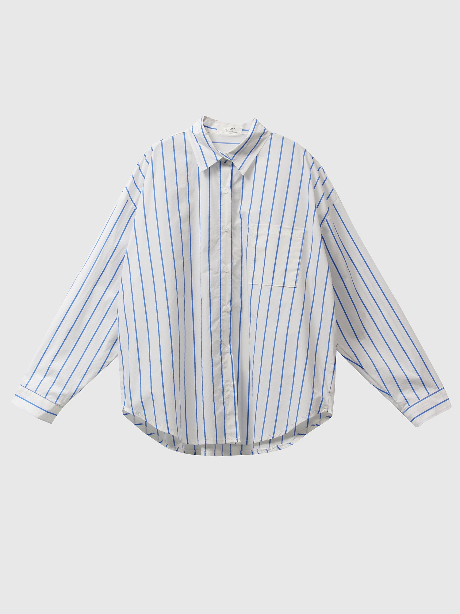 Product detailed shot of a ivory striped loose shirt with white backdrop.