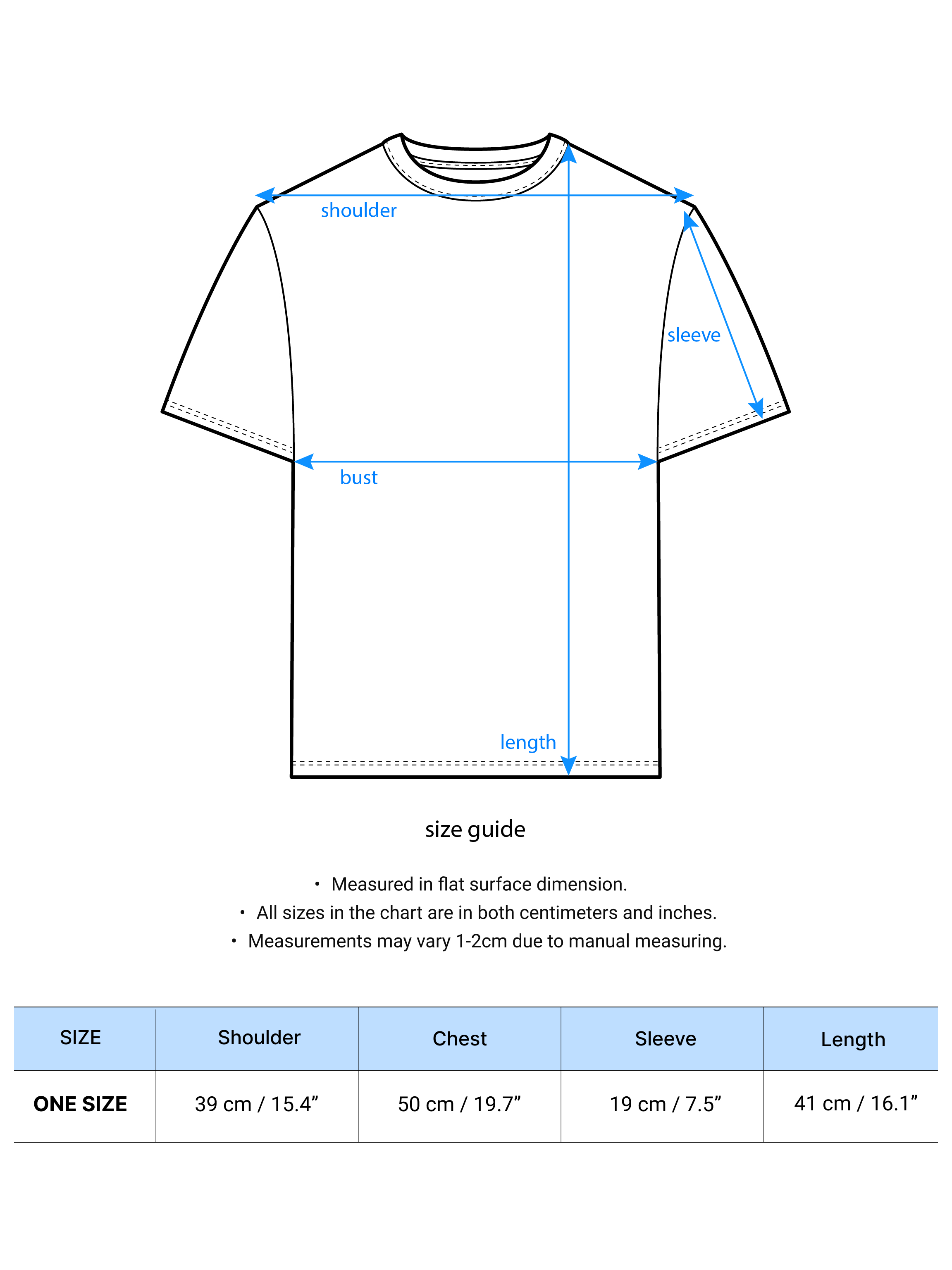 A picture of a size chart that tell you the detailed measurement of the product.