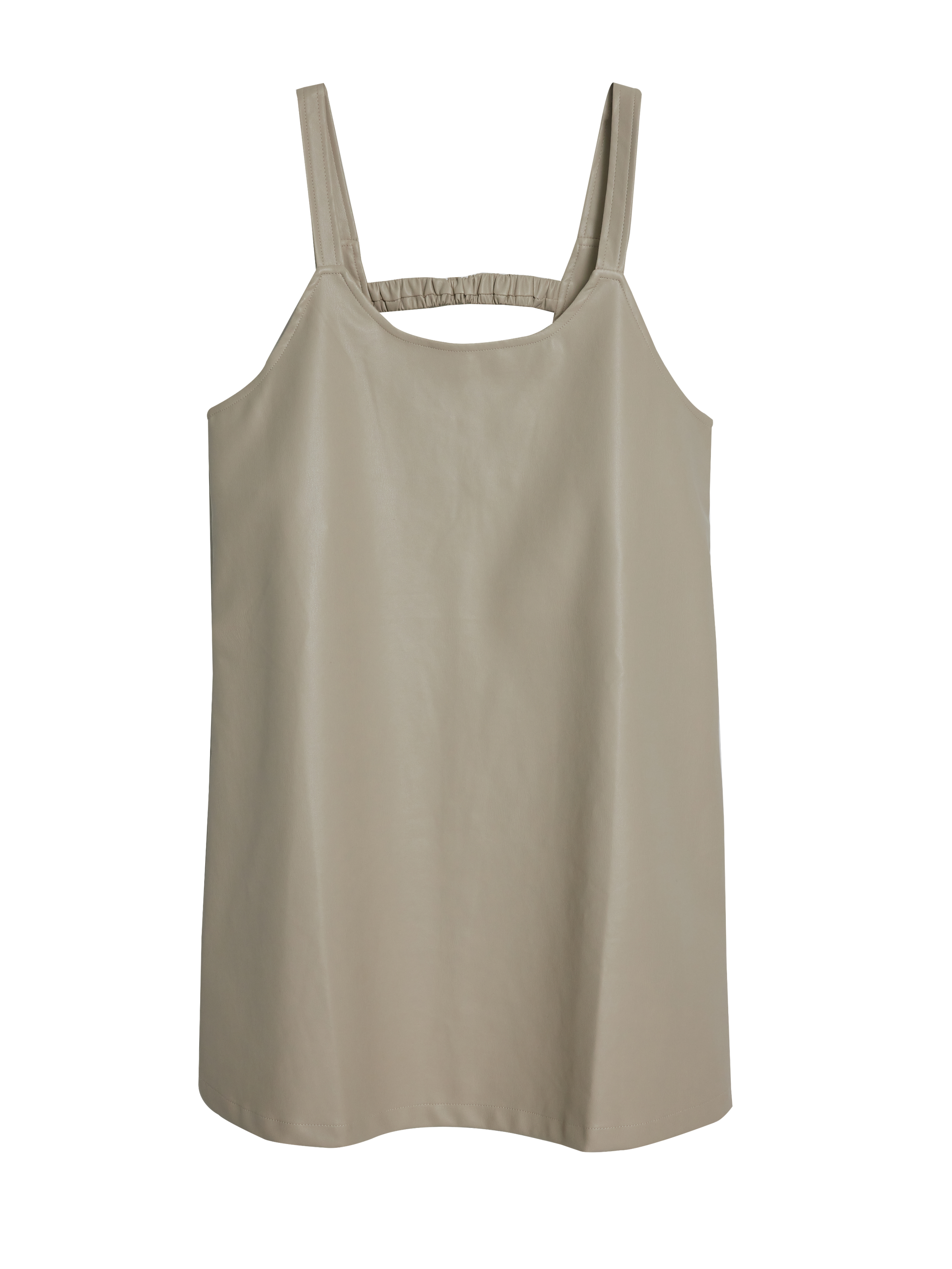 A front-facing view of the light beige tank dress is captured against a white backdrop, highlighting its color and fabric texture beautifully.