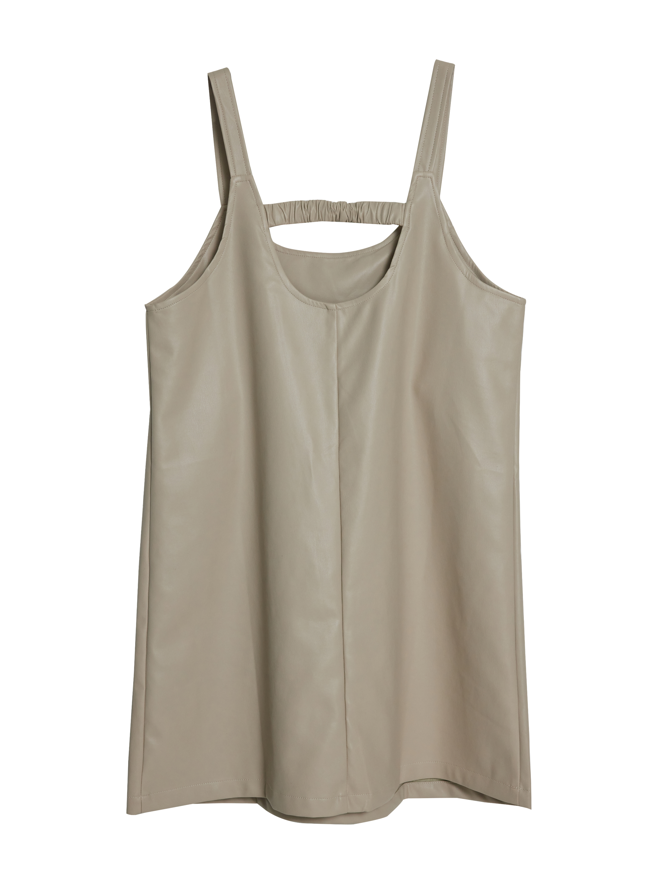 Back view of the light beige tank dress with white backdrop to accentuate its detailed designs.