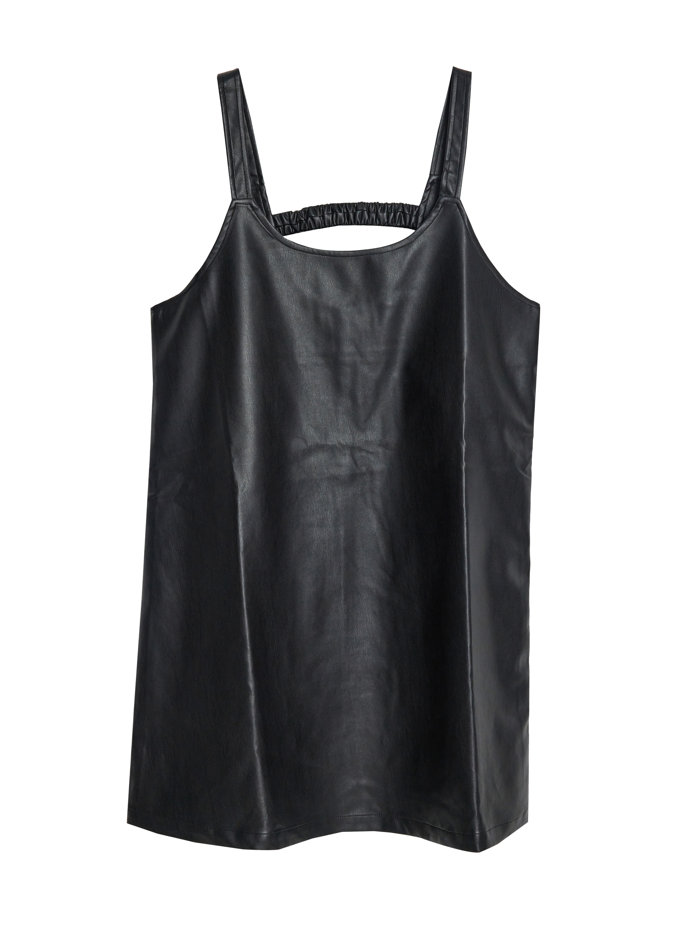 It captures the front side of the black tank dress with white backdrop accentuating the color and the fabric texture.