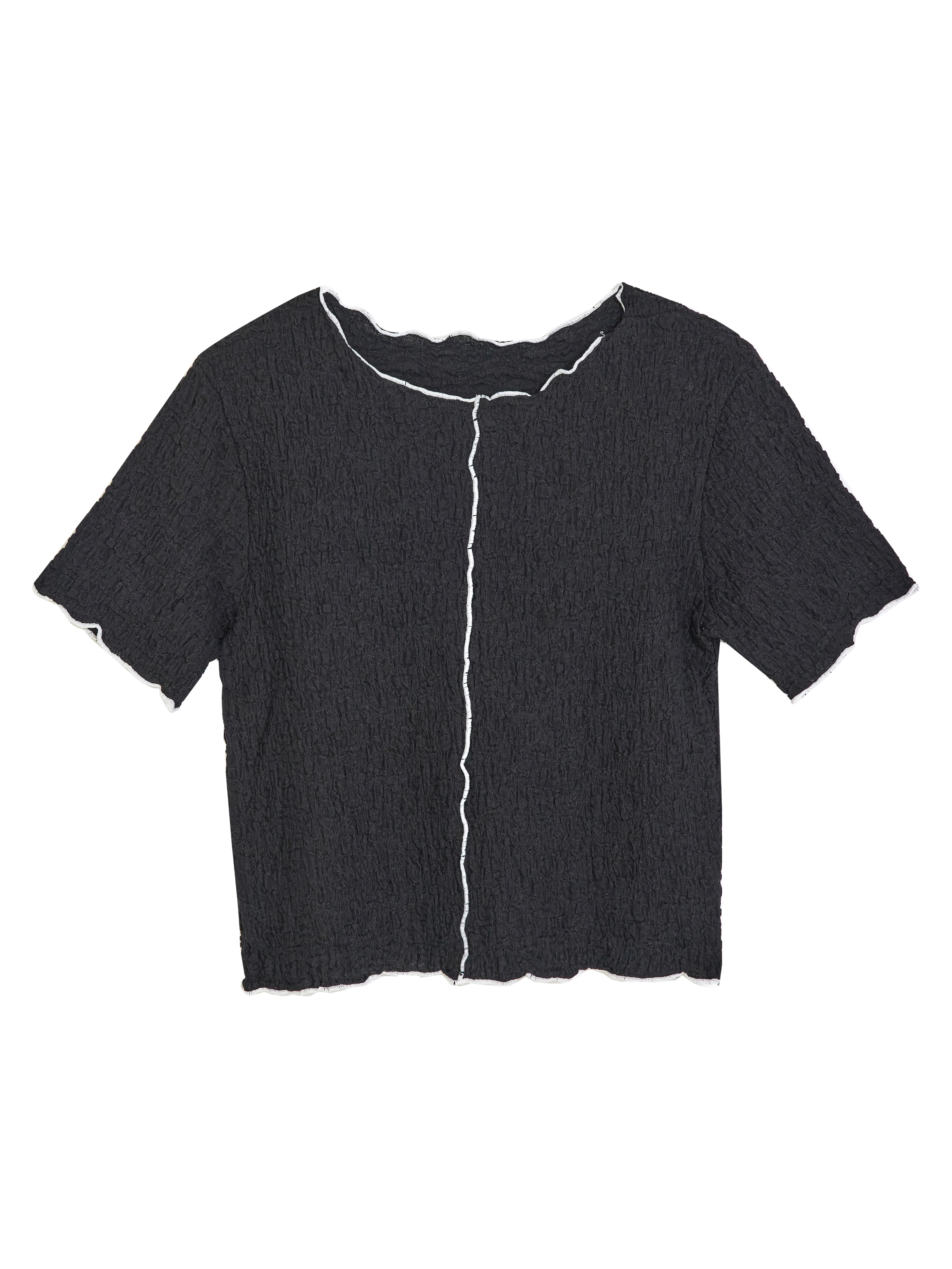 Front view of the black textured top with white backdrop showcasing the front design of the textured top. 