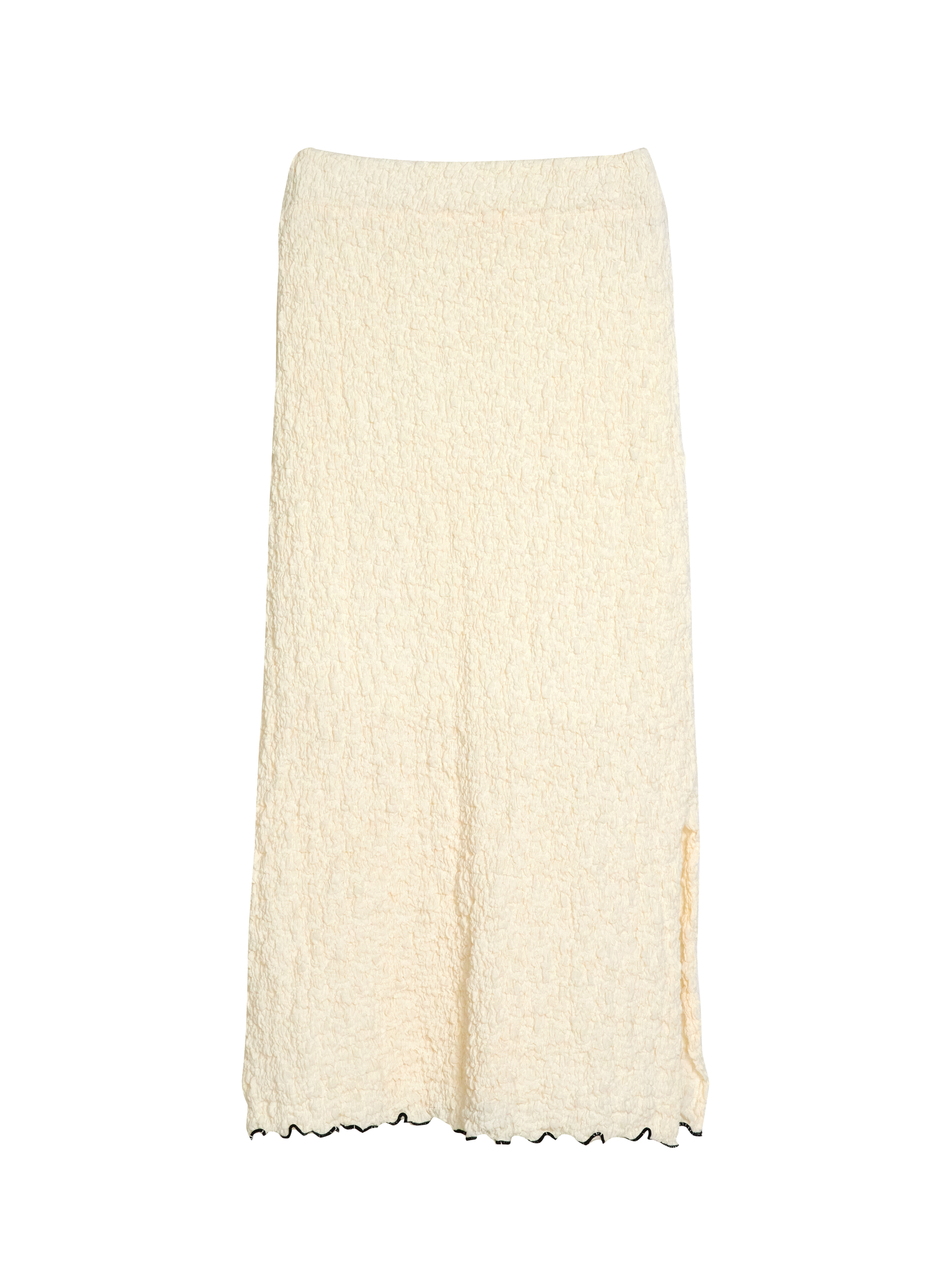 A product detailed shot of the ivory textured midi skirt.