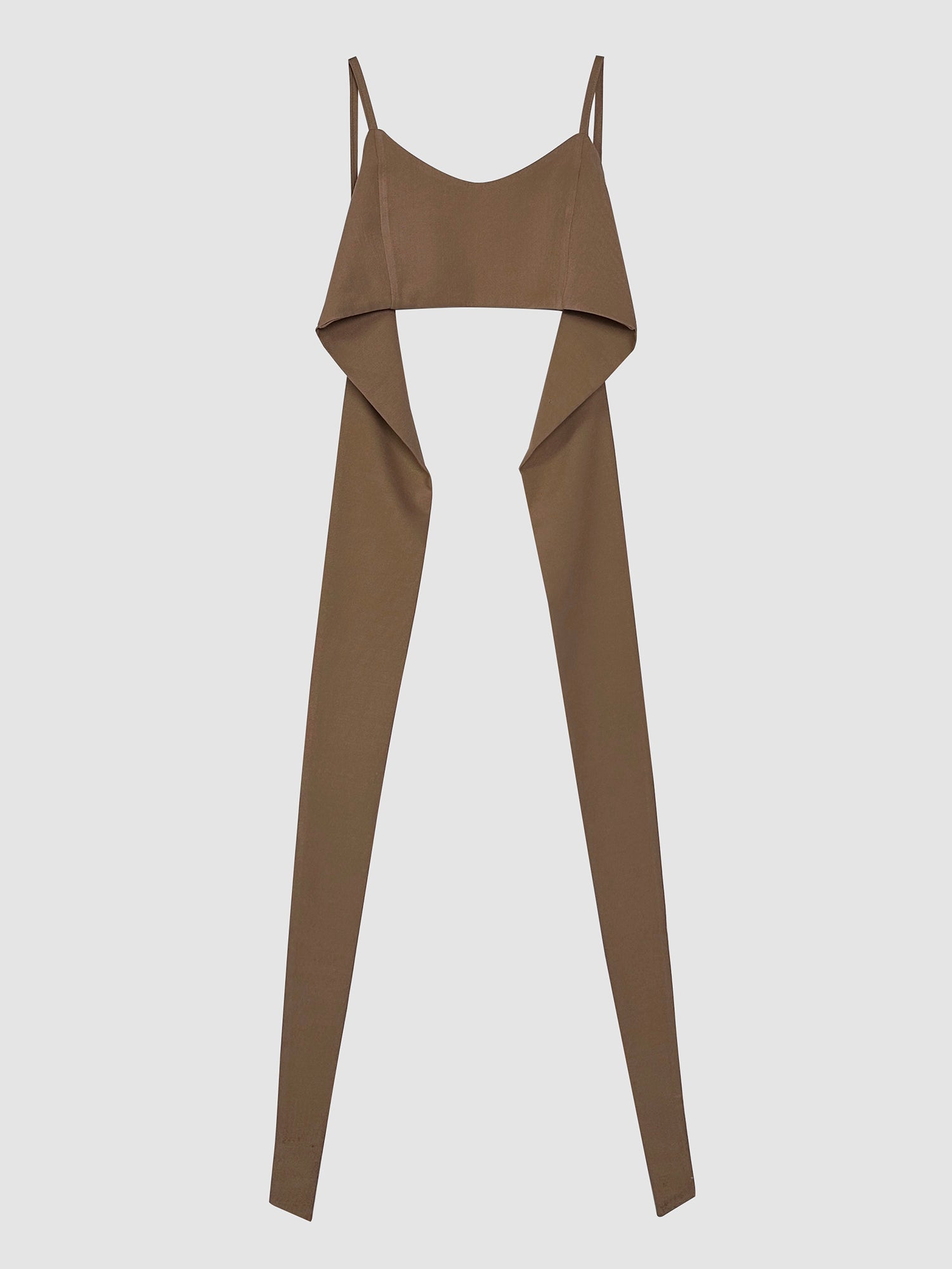 Front view of the two ways tie cropped top that is color camel.