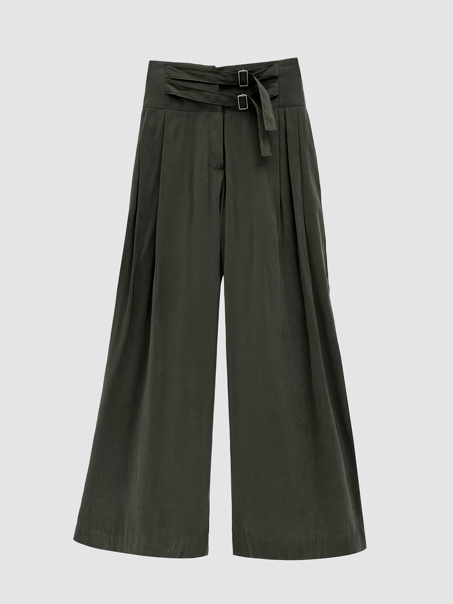 Product detailed view of the two belted suede trouser showing the intricate front designs of the trouser.