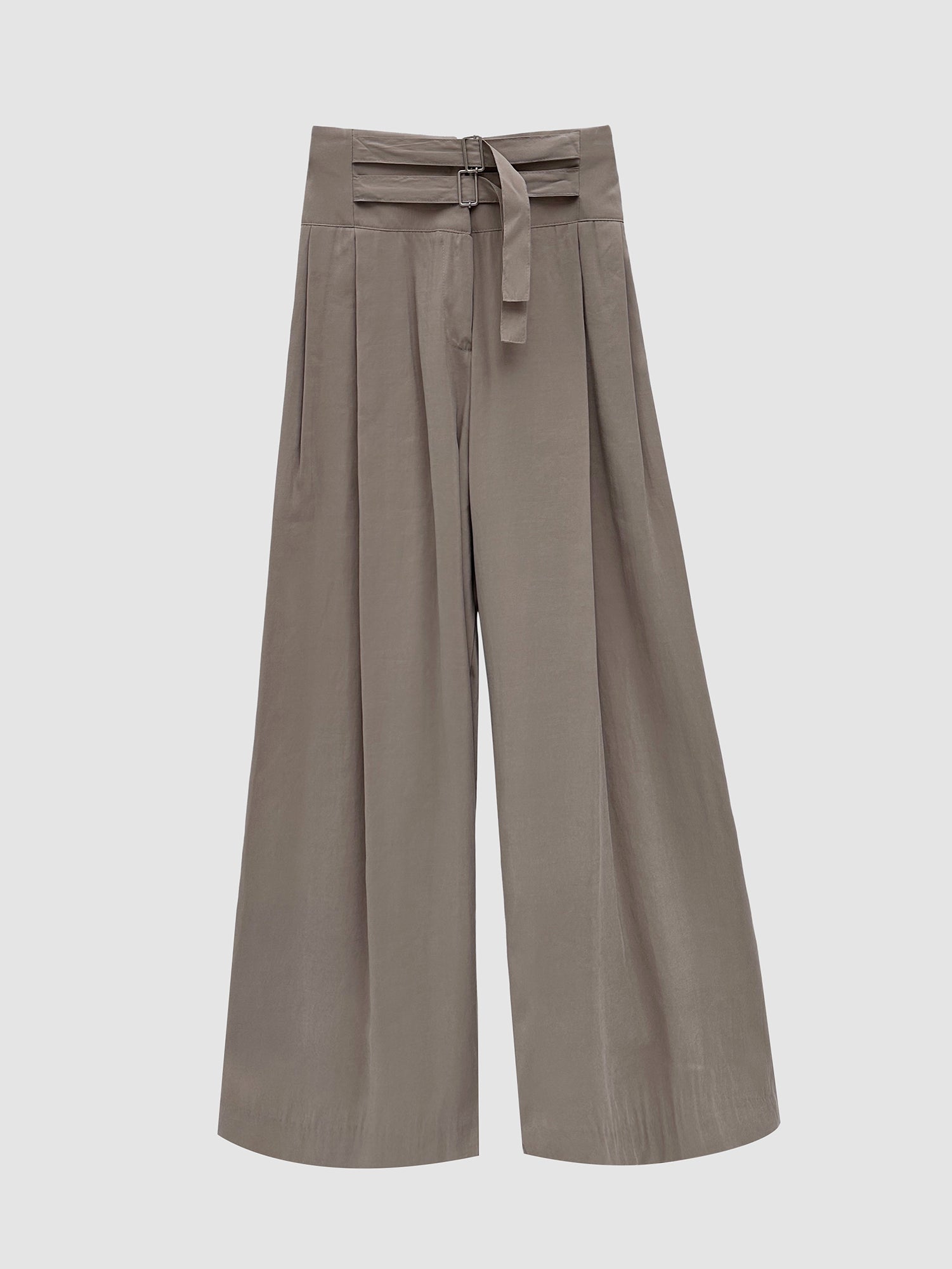 A detailed frontal perspective of the taupe Two Belted Suede Trouser, showcasing the intricate front-facing design elements of the trousers.