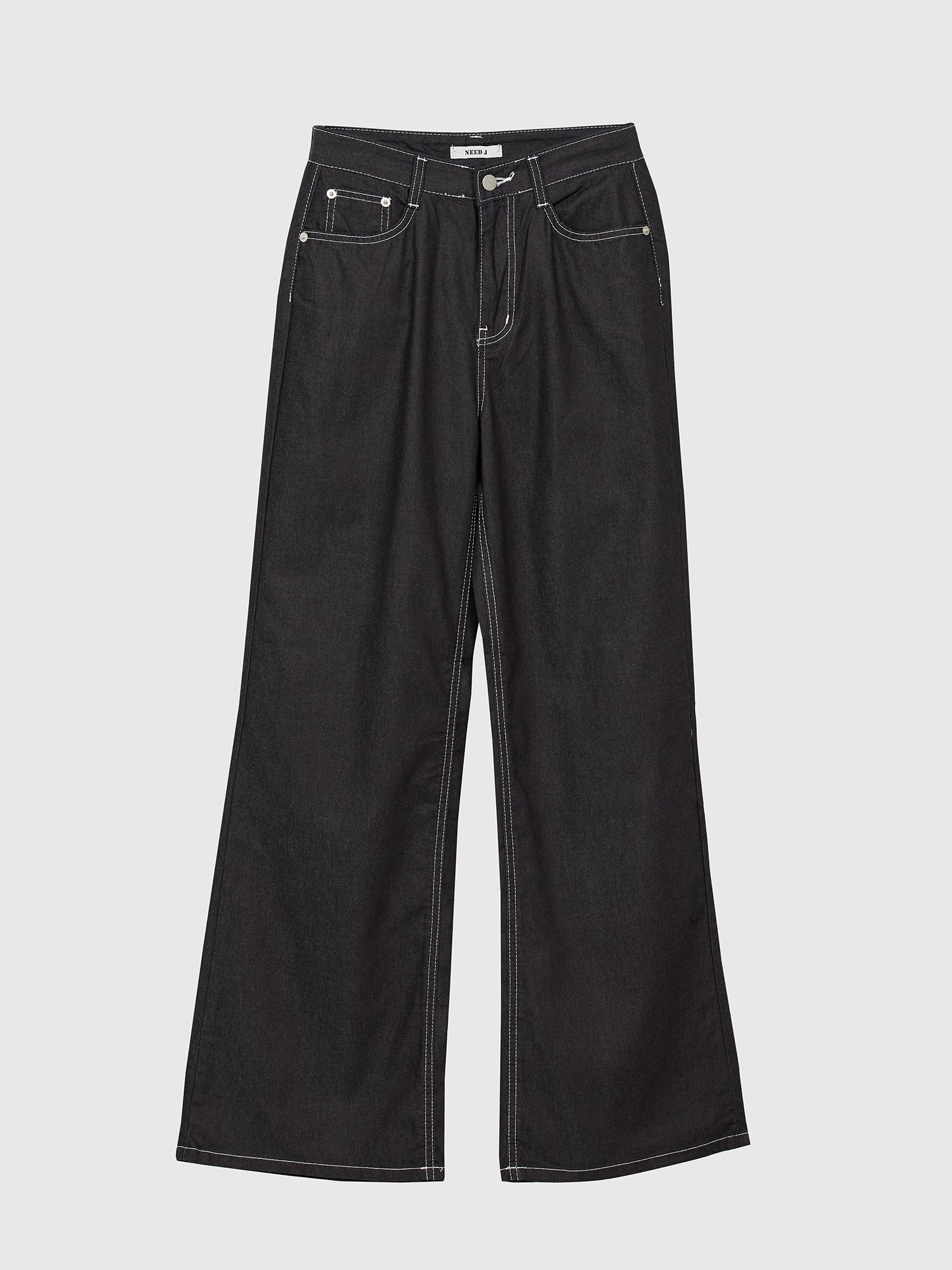 Front view of the black wide leg denim jeans with gray backdrop.