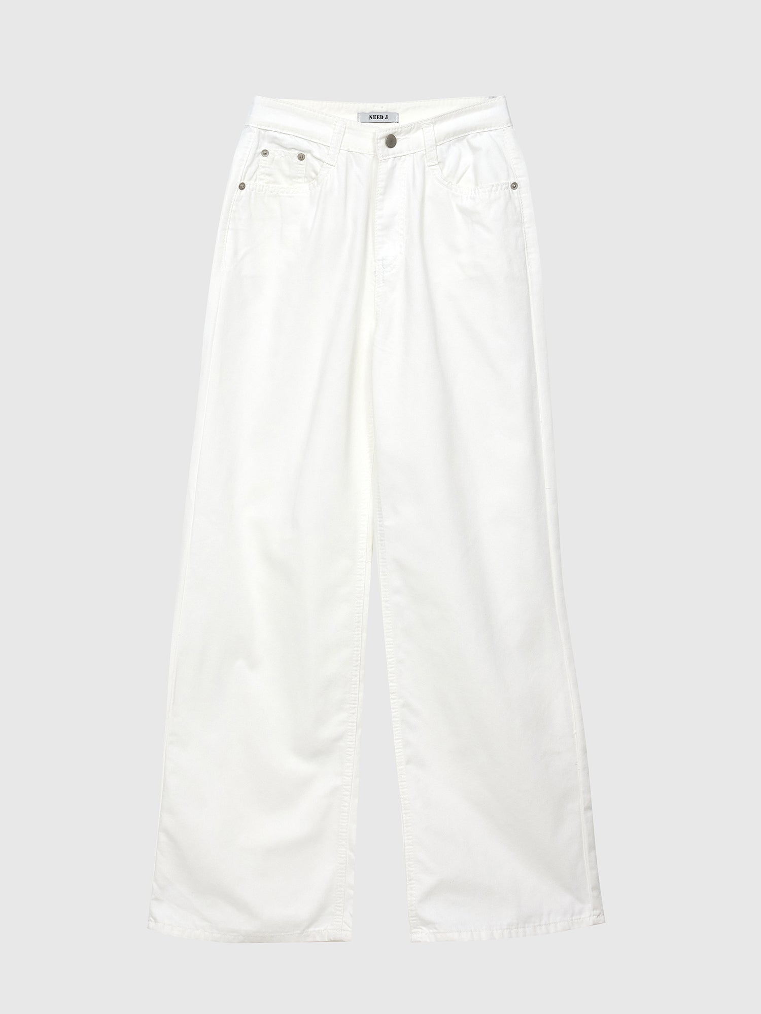 Front view of the white wide-leg denim jeans with gray backdrop.