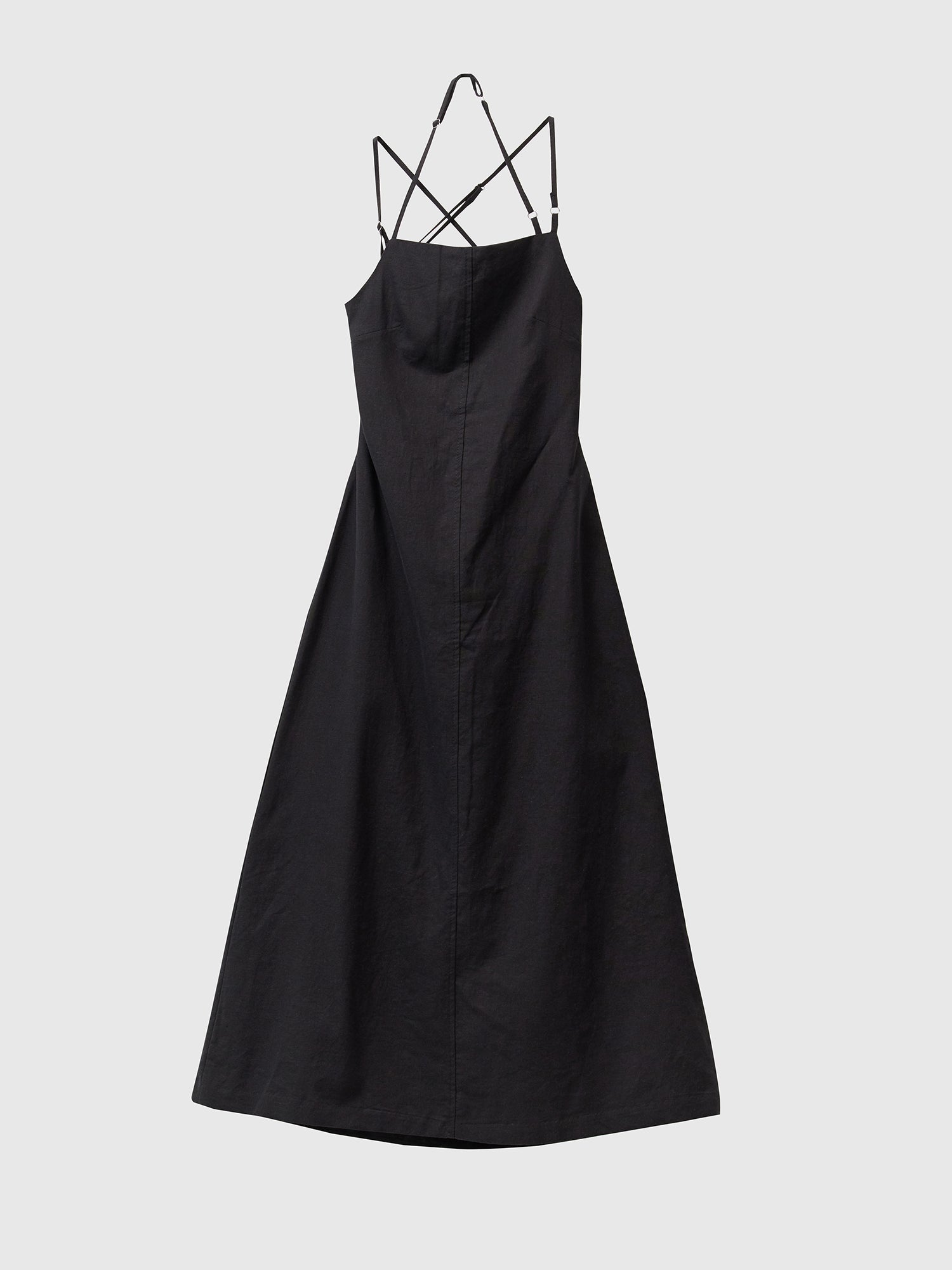 Minimalist product view of the black backless midi dress showcasing its front design.