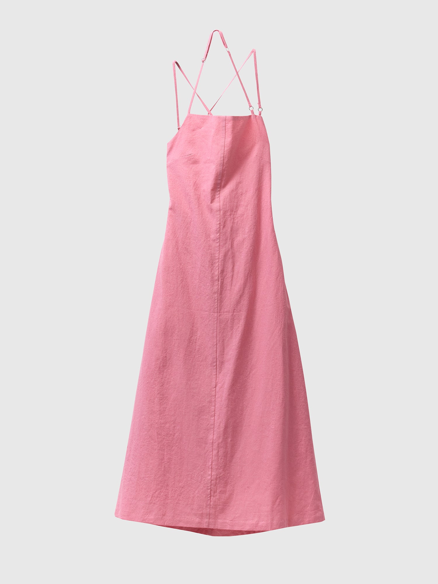 Product detailed view of the pink backless midi dress with white backdrop.