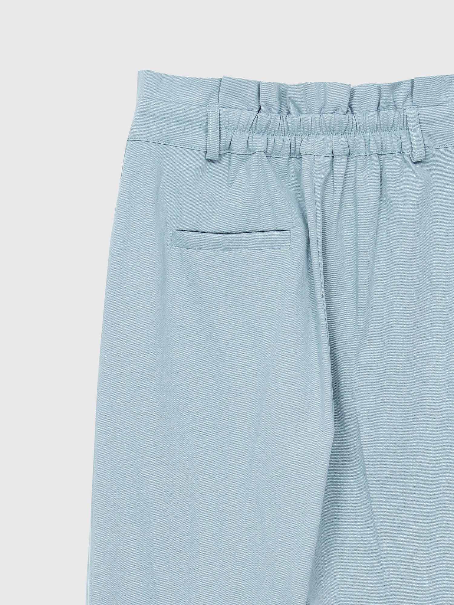 Back view of the light blue belted pleated pants showing its elasticated waist and back pocket of the pants.