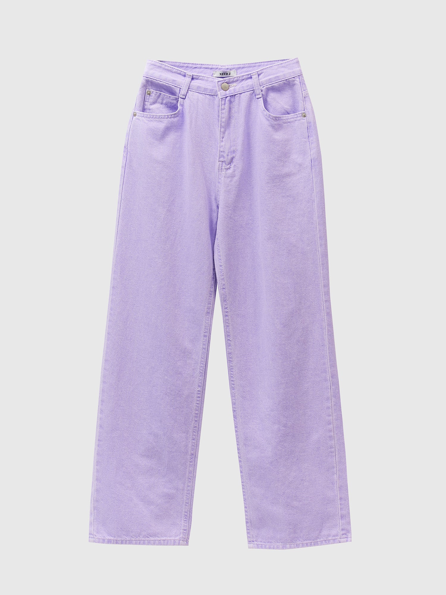 Product detailed shot of the lavender carpenter jeans with white backdrop.