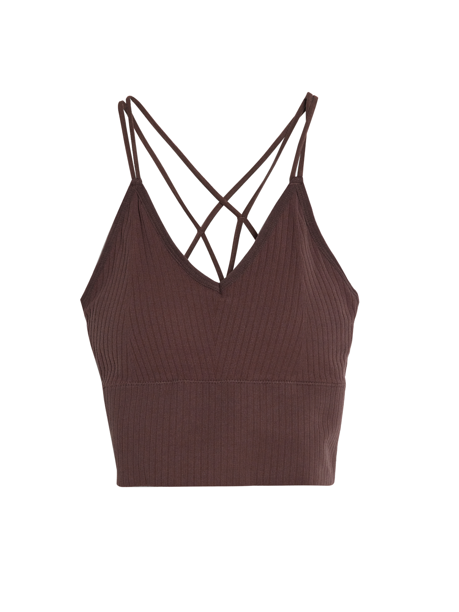 Product detailed view of the brown crisscross top with white backdrop.