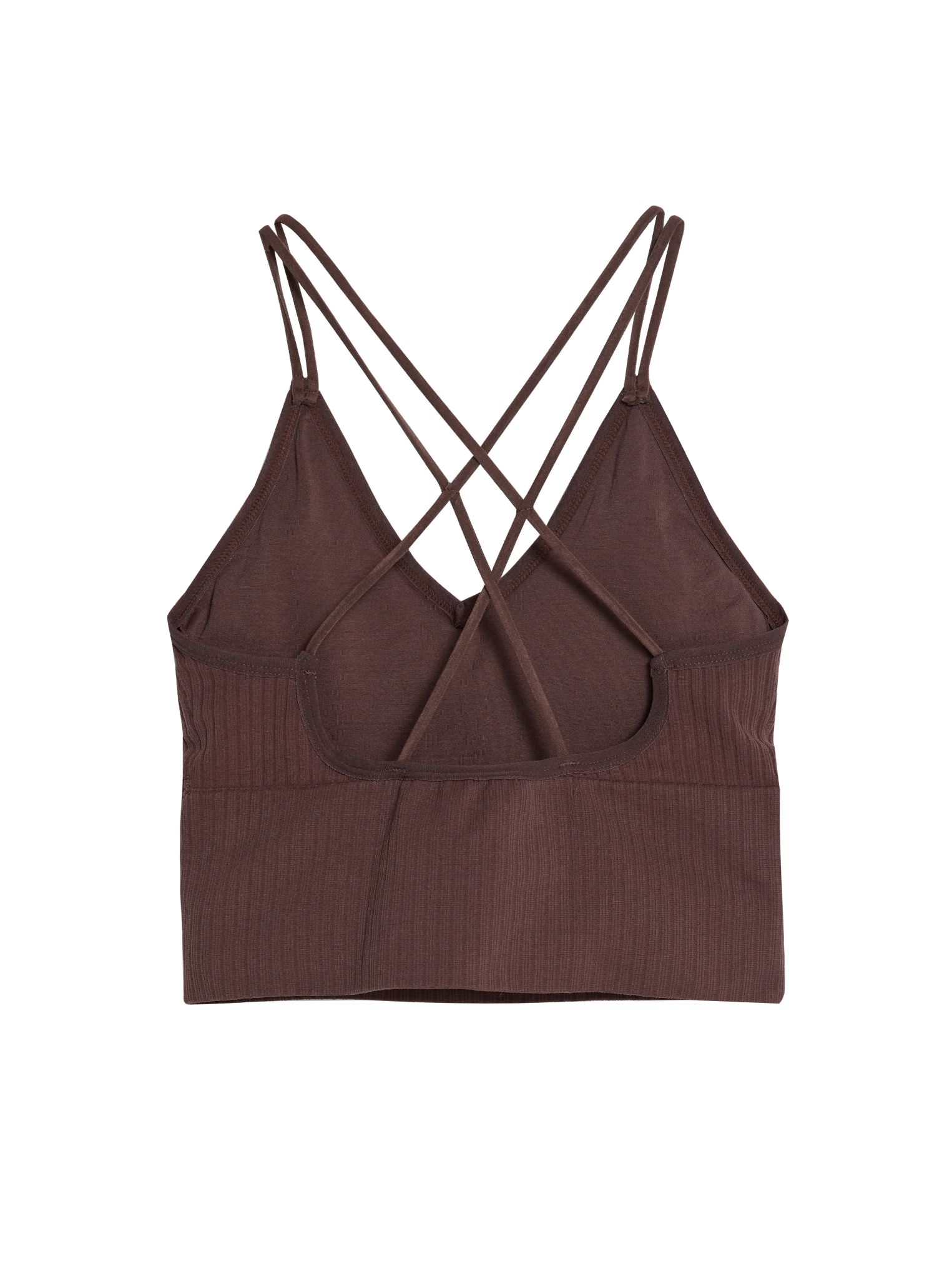 Back view of the brown crisscross top showing the intricate details of the top.