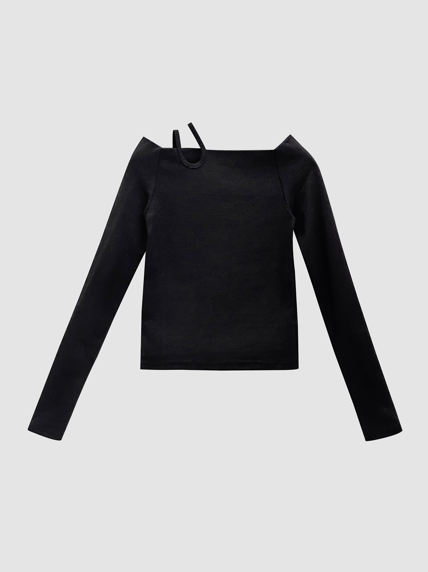 Front detailed shot of the black cutout long sleeves tee showcasing its front detailed designs.