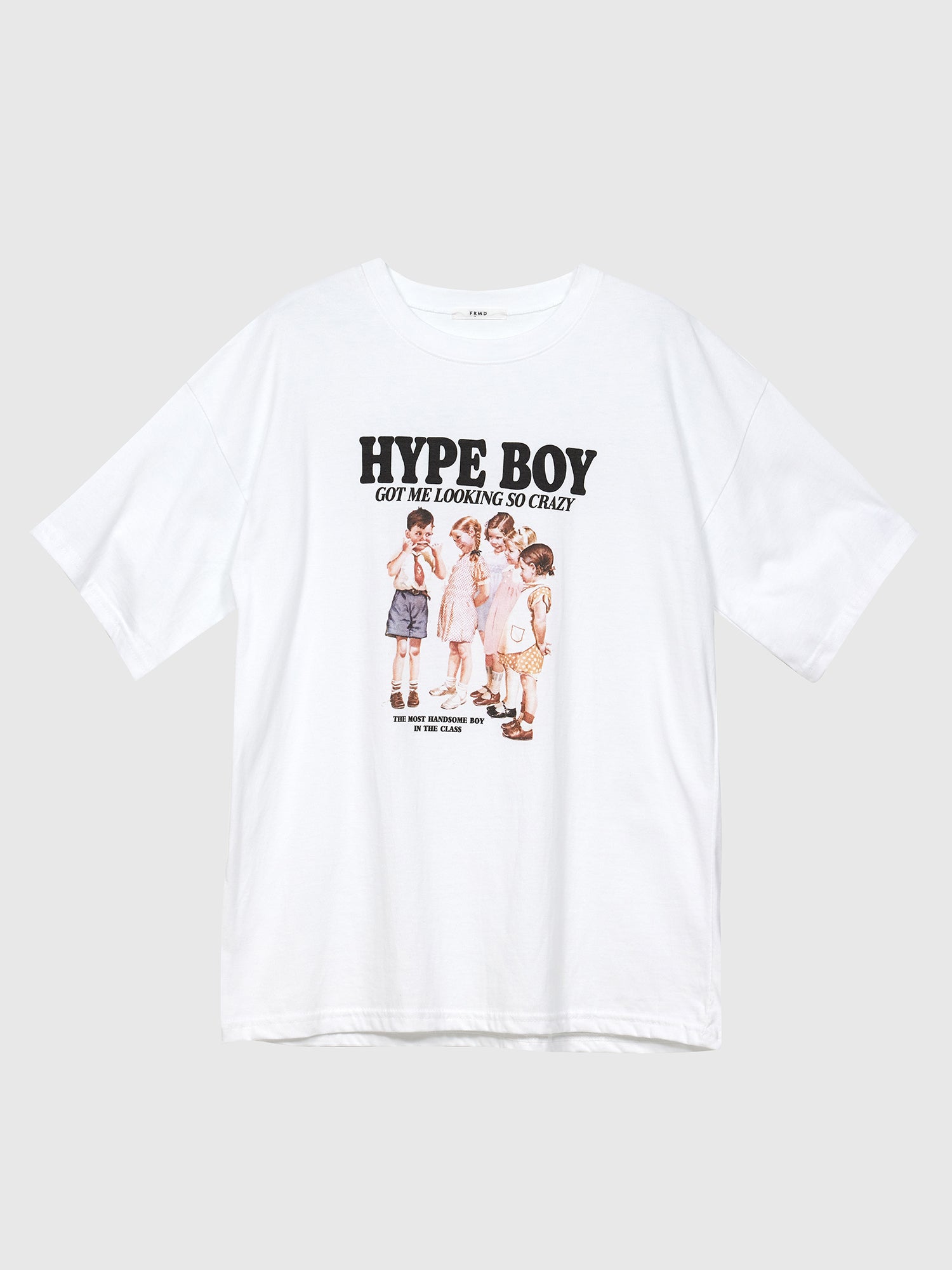 Front view of the white hype boy t-shirt showcasing the front graphic details of the shirt.