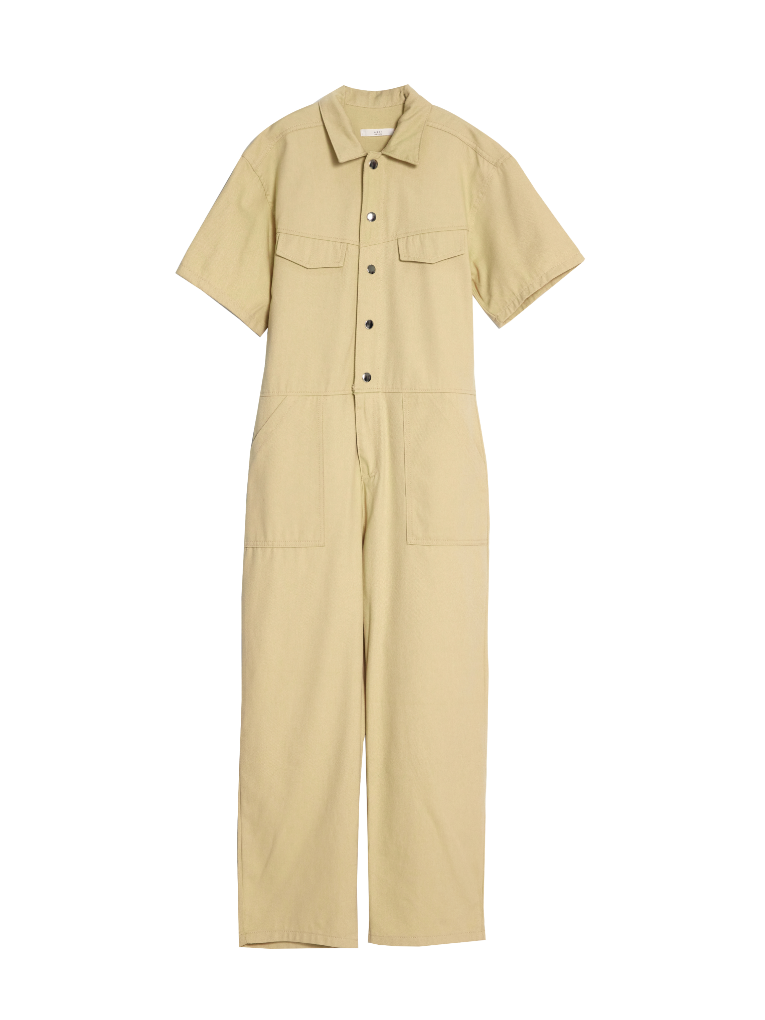 A front view of the beige denim jumpsuit with white backdrop.