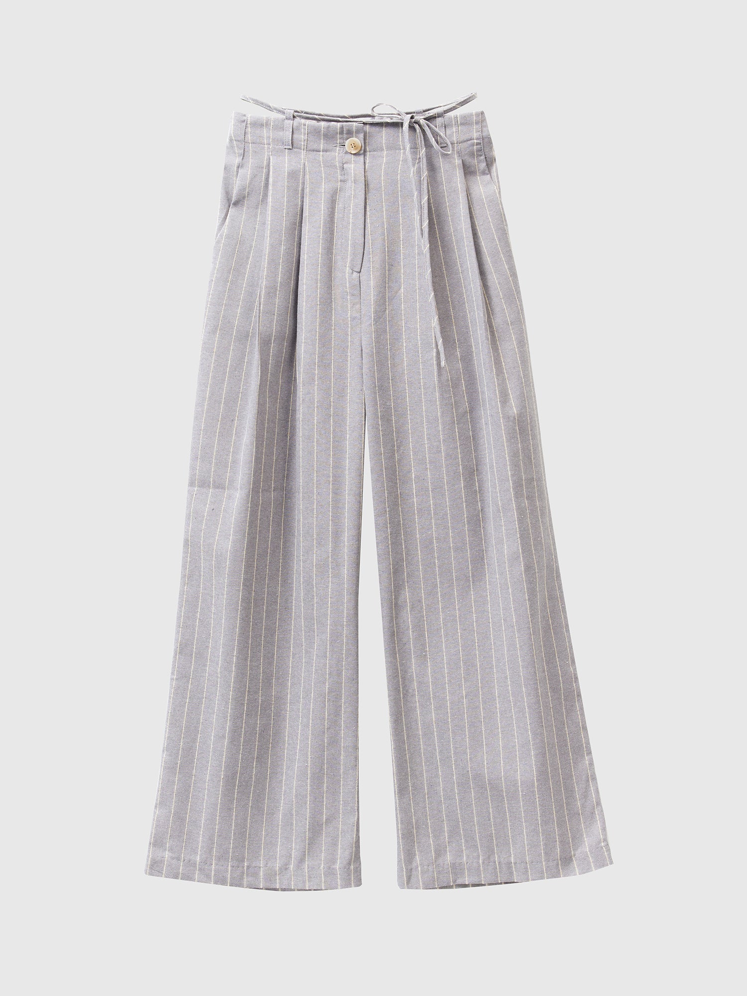 Product detailed shot of the gray striped side-belt trouser showcasing the front detail of the trouser.