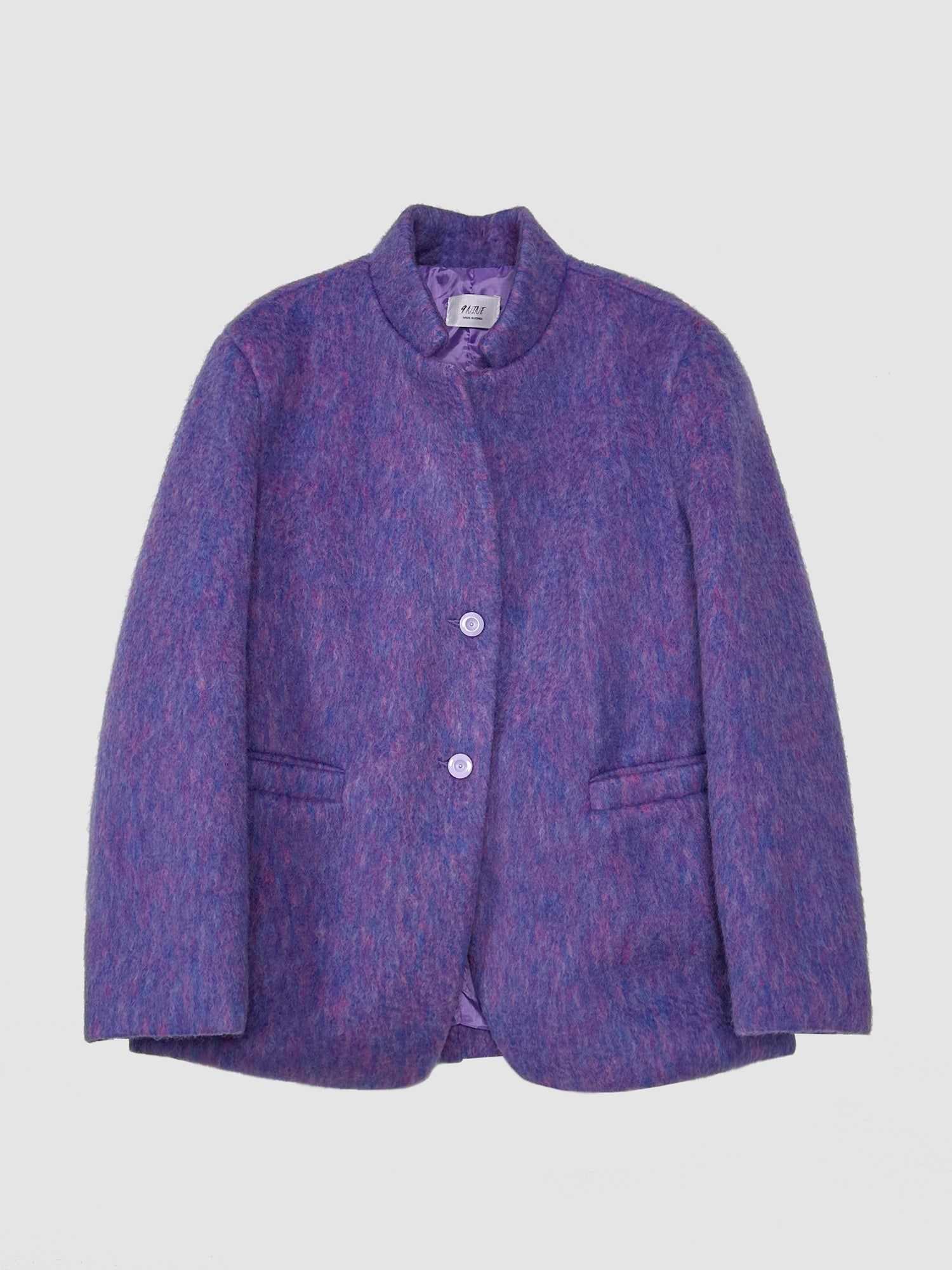 Detailed product view of the purple cocoon jacket, beautifully displaying its front design and embodying the chic vibes of Korean street fashion.