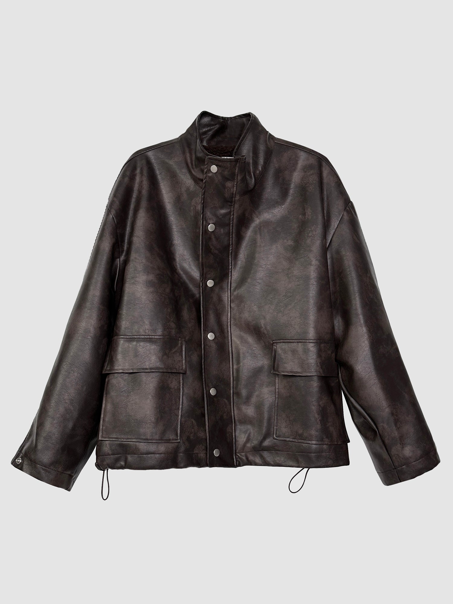 Frontal view of the beautiful brown lined leather jacket, embodying the stylish allure of Korean street fashion.