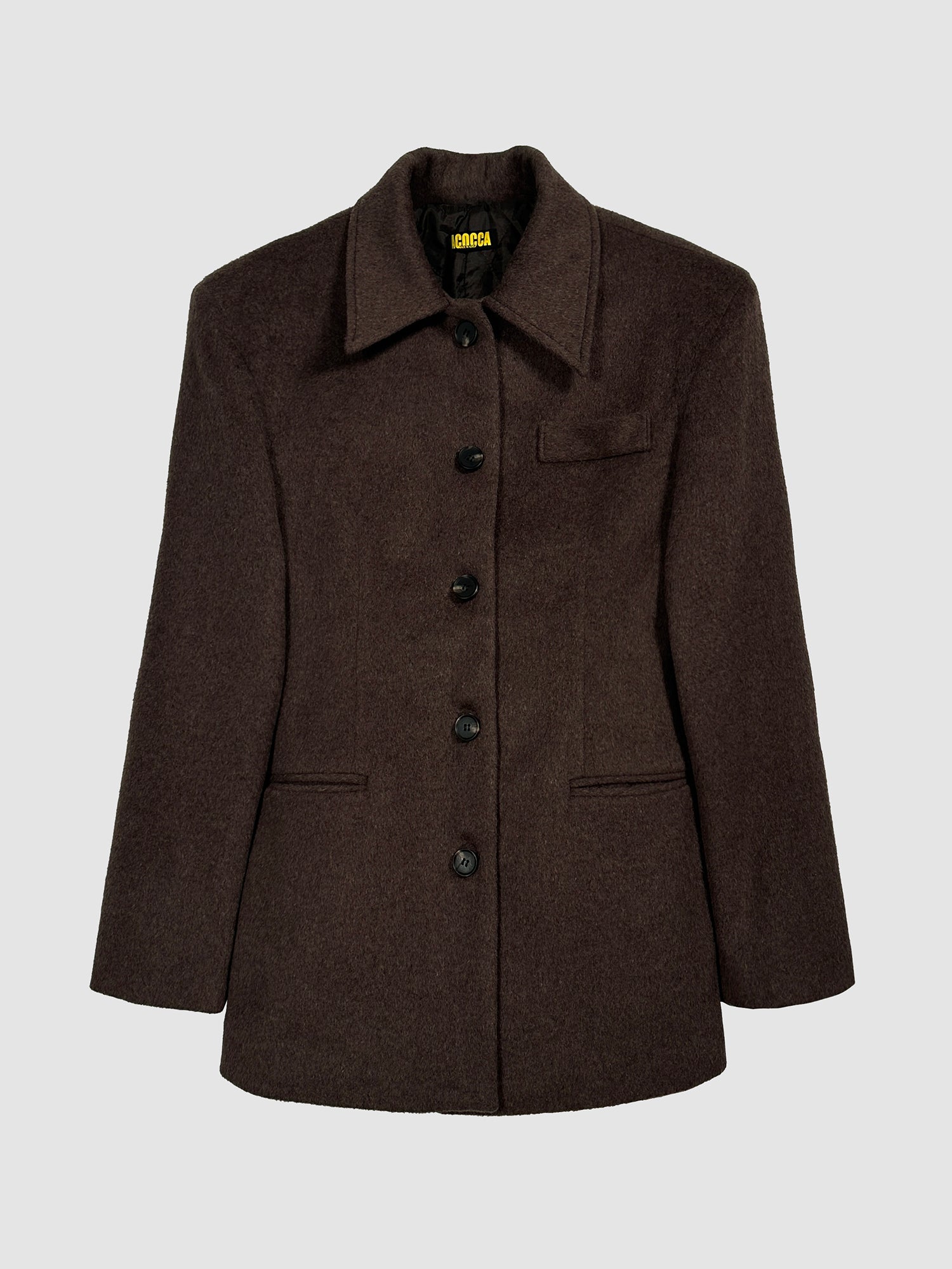 Front view of the brown padded fitted coat that showcases its intricate details of the coat.