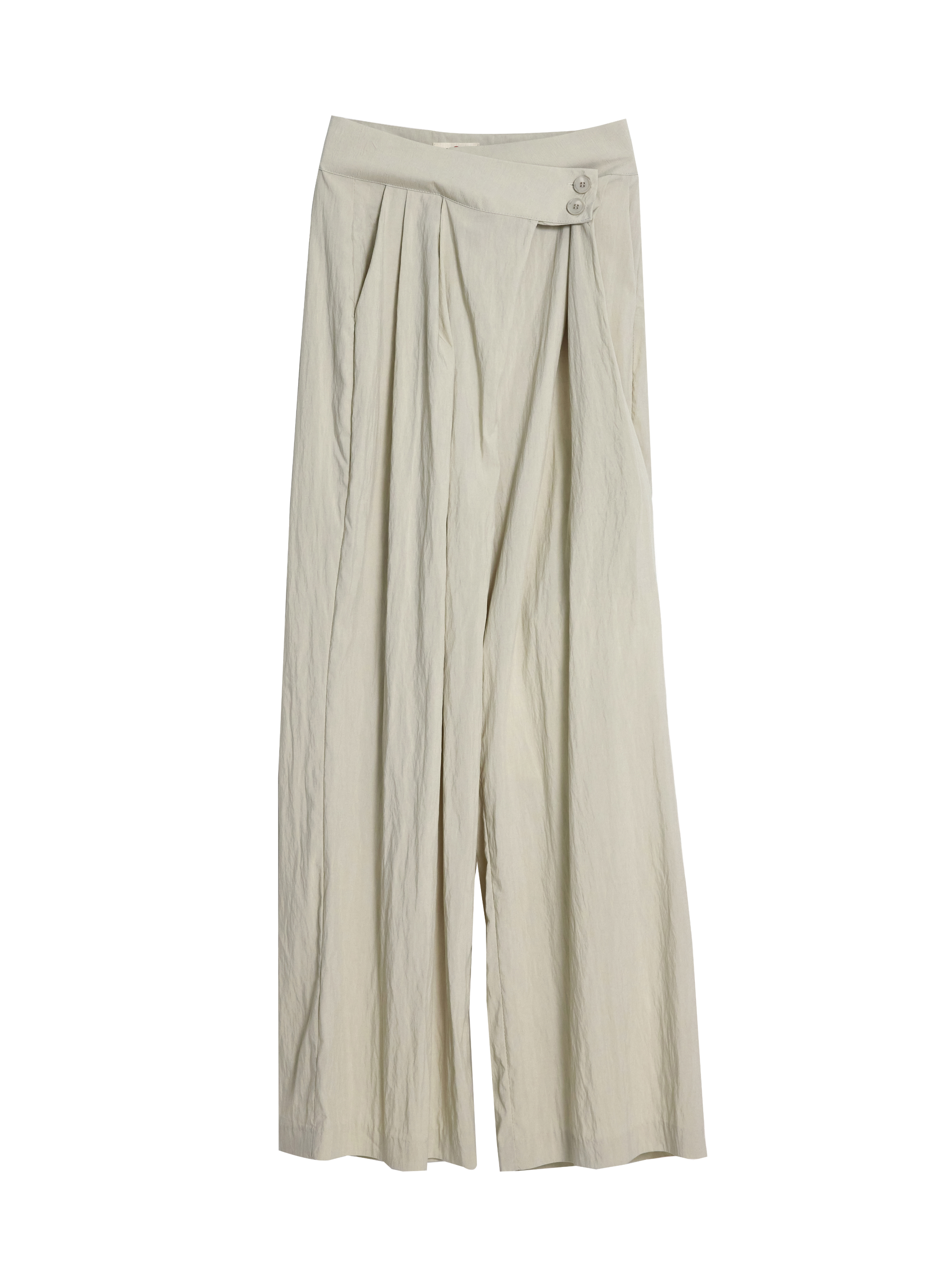 Product detail of the cream pleated side button trouser facing the front.