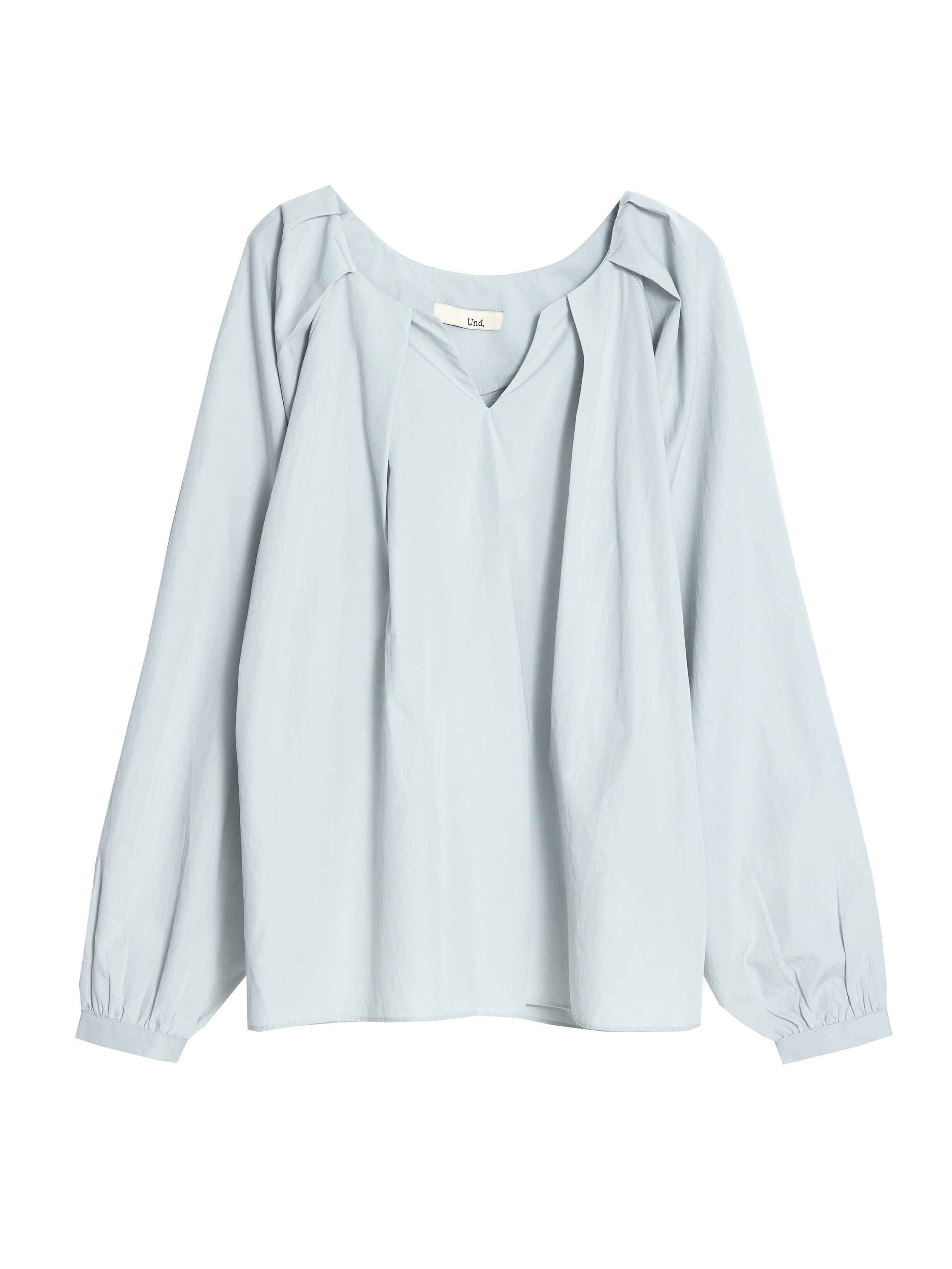 It captures the front view of the light blue raglan sleeve blouse.