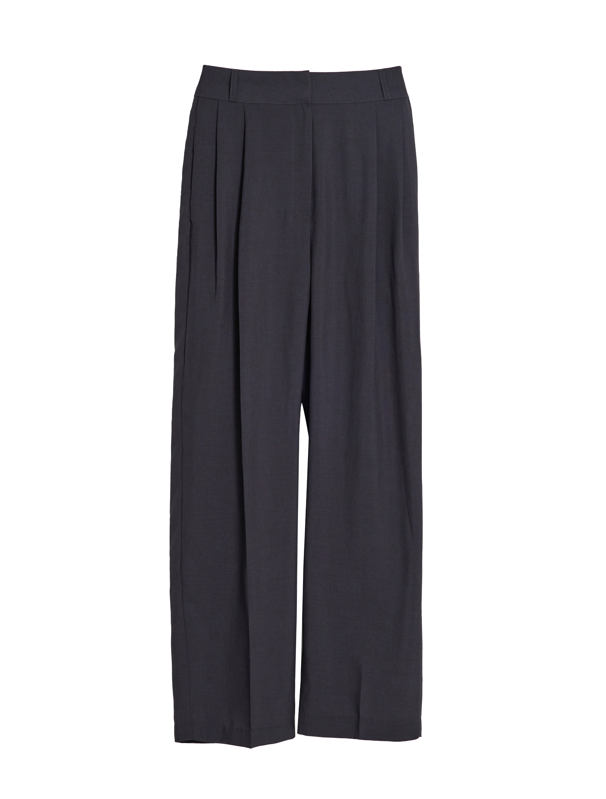 A product detail of the black relaxed pleated trouser showcasing the front design of the trouser.