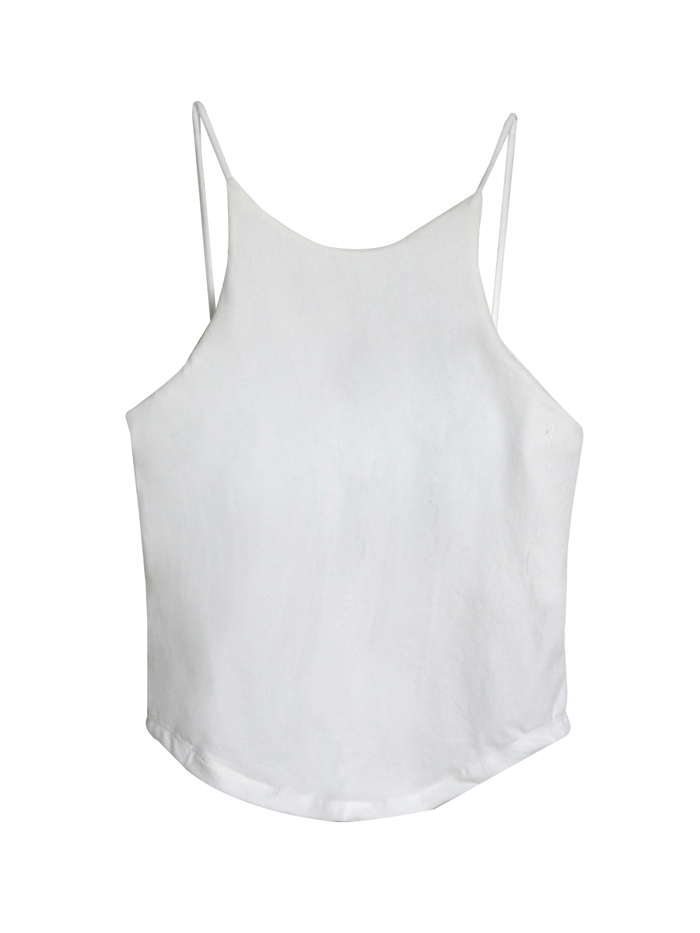 Product detailed shot of the ivory spaghetti strap tank showing the details of the front.