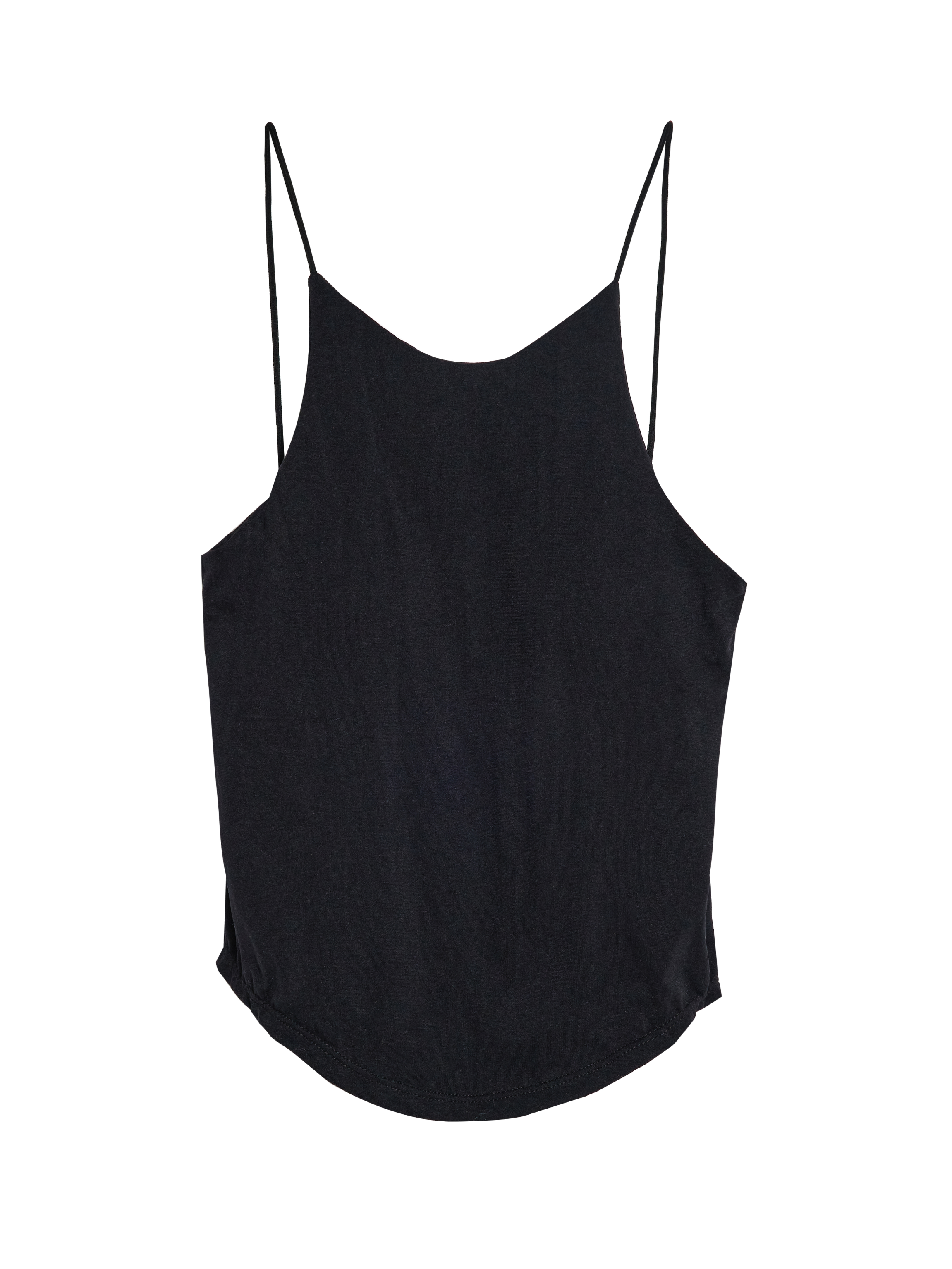 Front view of the black spaghetti strap tank with white backdrop.