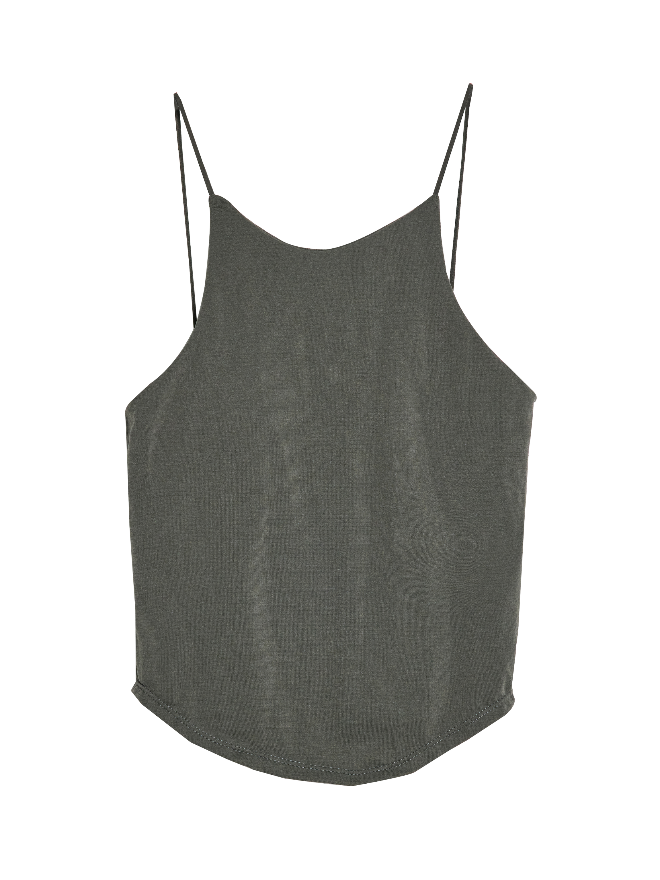 Front view of the gray spaghetti strap tank with white backdrop.