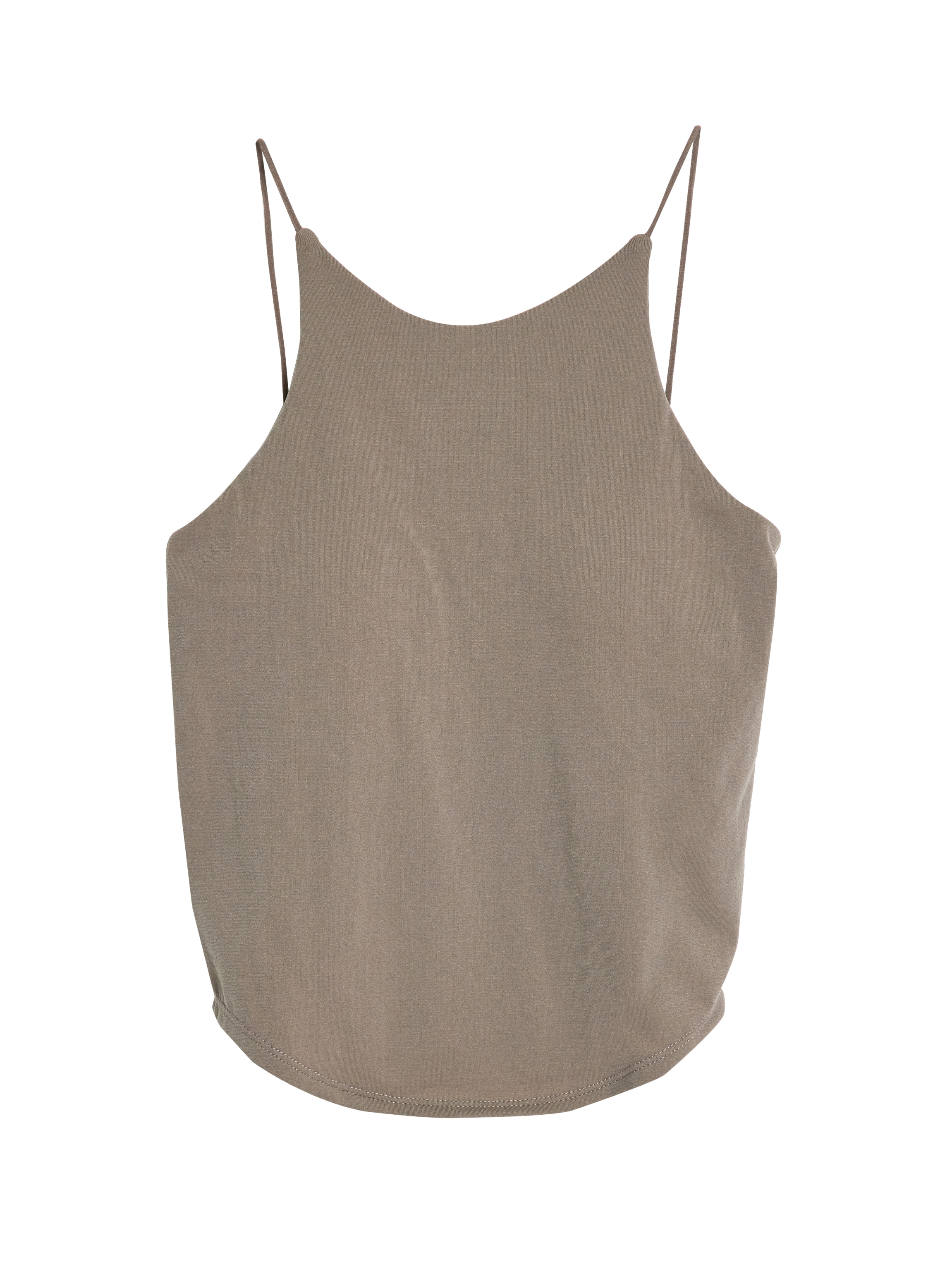 Front shot of the beige spaghetti strap tank showcasing the detail of the front.