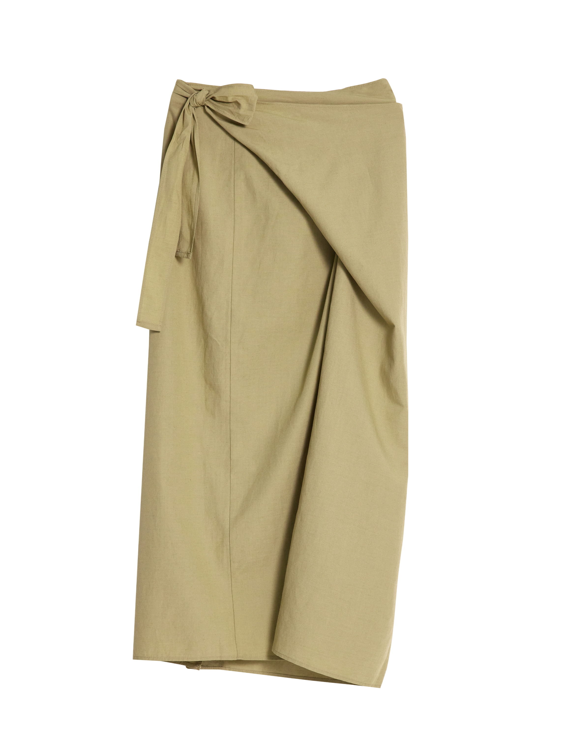 Front view of the wrap midi skirt with white backdrop accentuating the front design detail.