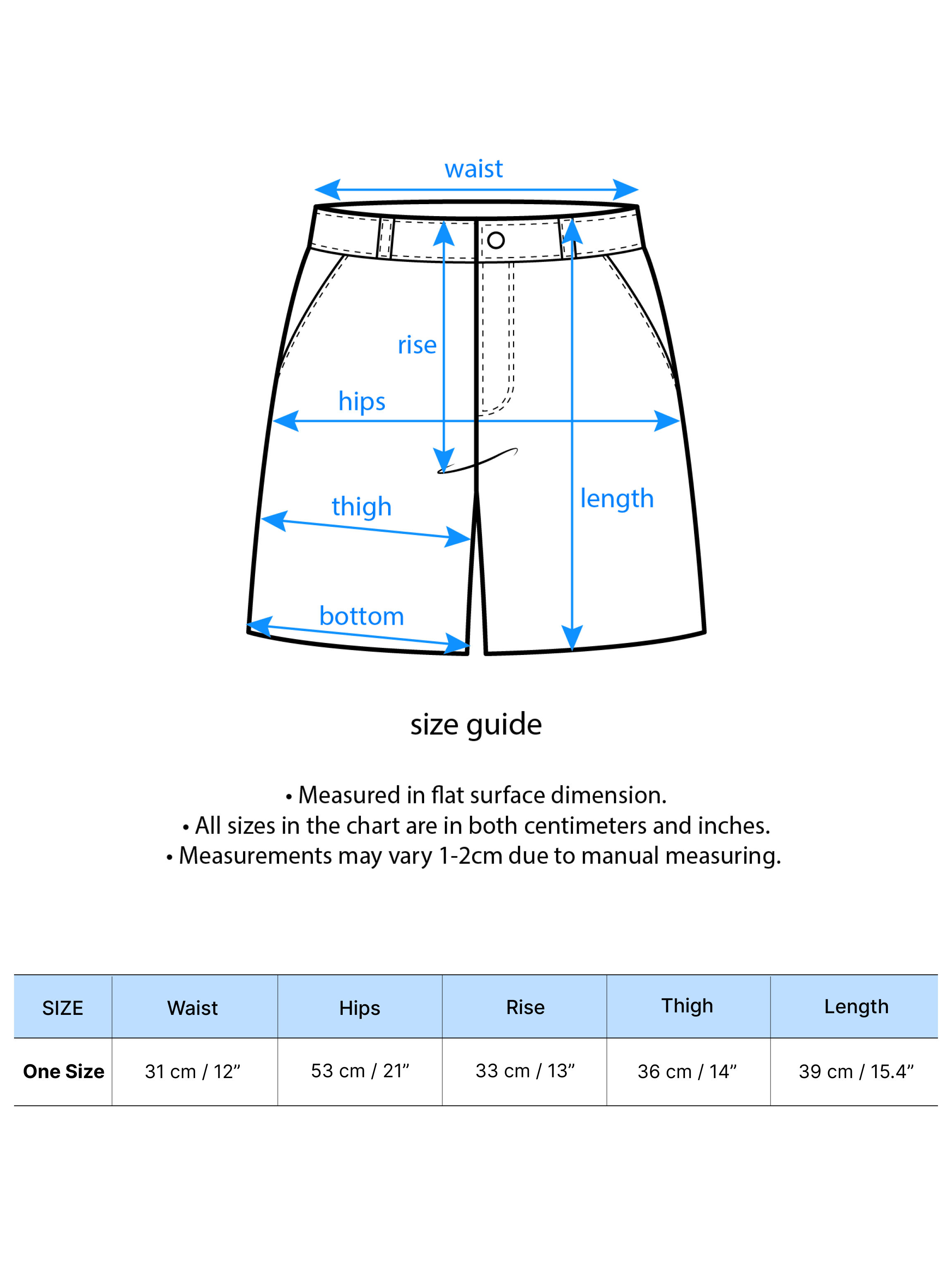 A size chart showing a detailed measurement of the product.