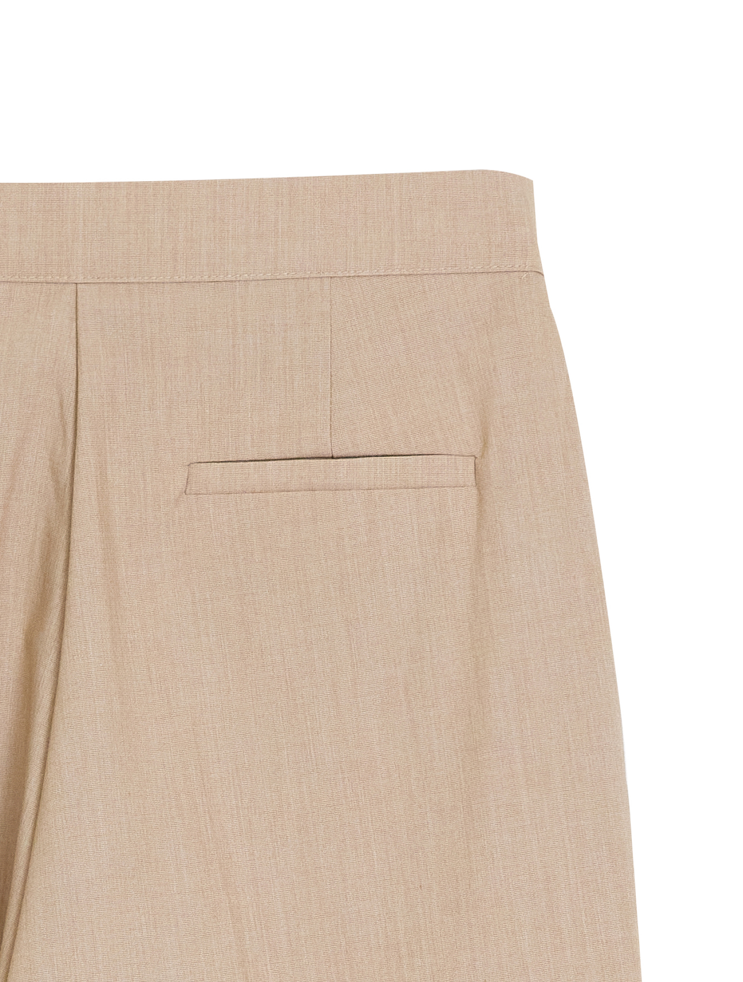 A close-up shot of the back of the button pleated trousers, emphasizing the meticulous seam stitching and showcasing the intricate detail of the back pocket.