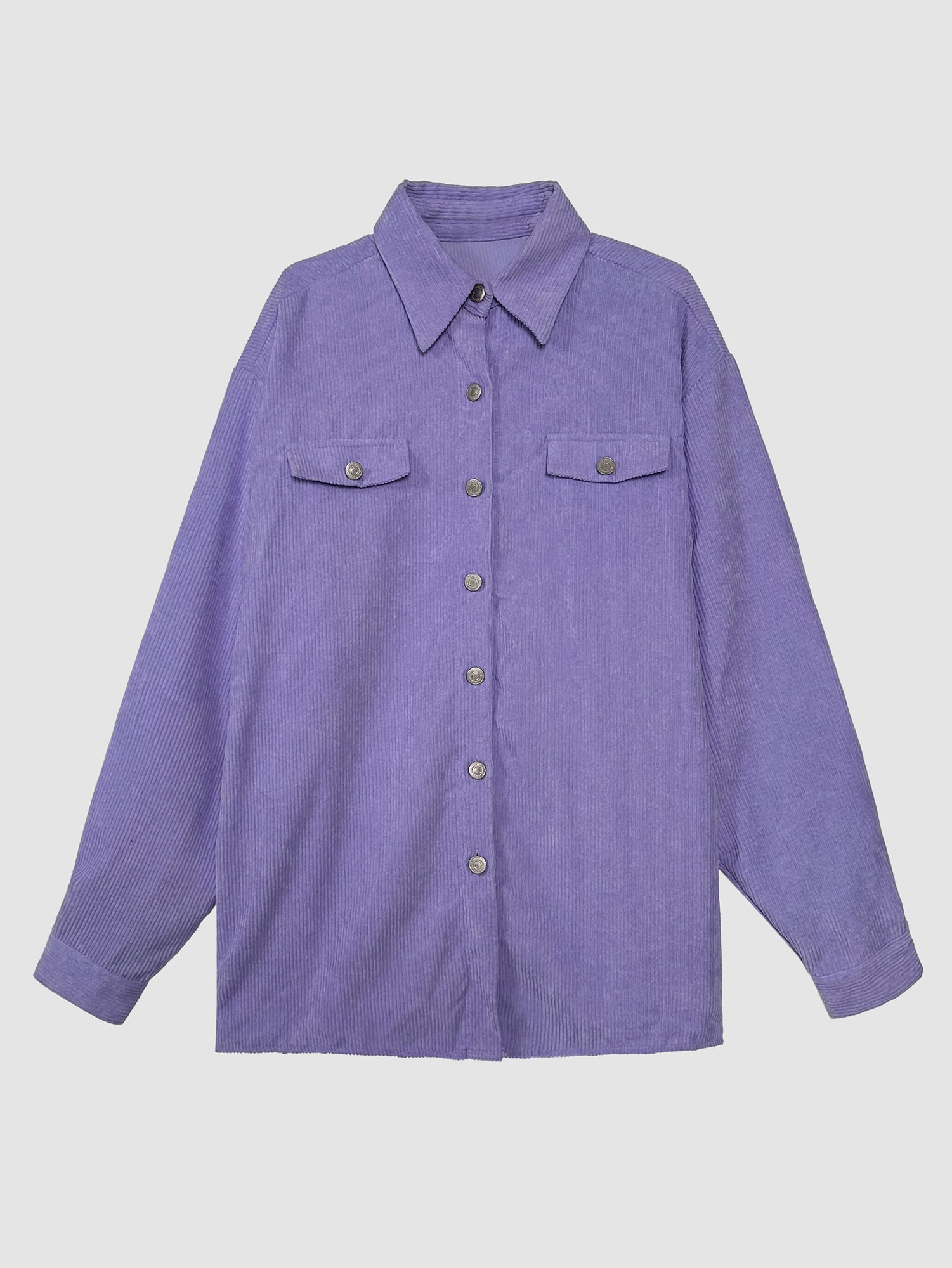 Detailed product view of the corduroy shirt, spotlighting its front designs and encapsulating the unique charm of Korean street style.