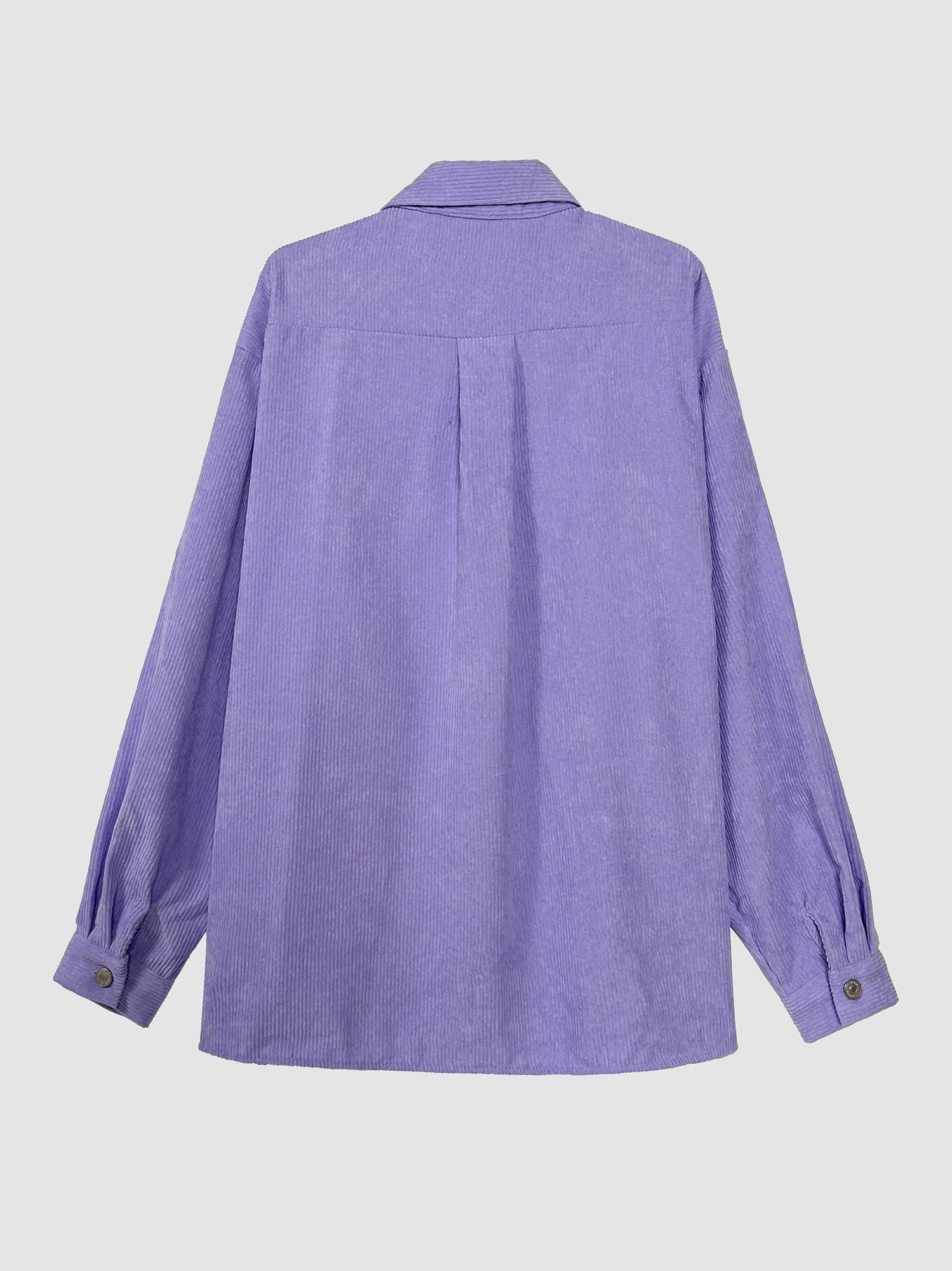 Back view of the purple corduroy shirt that showcases its back detailed designs.