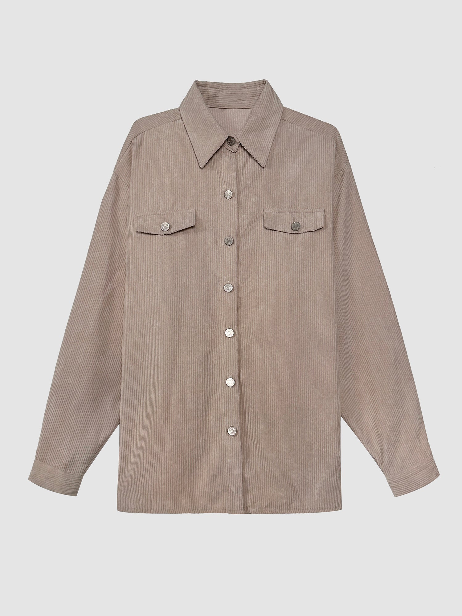 Front detailed view of the corduroy shirt that is color beige.