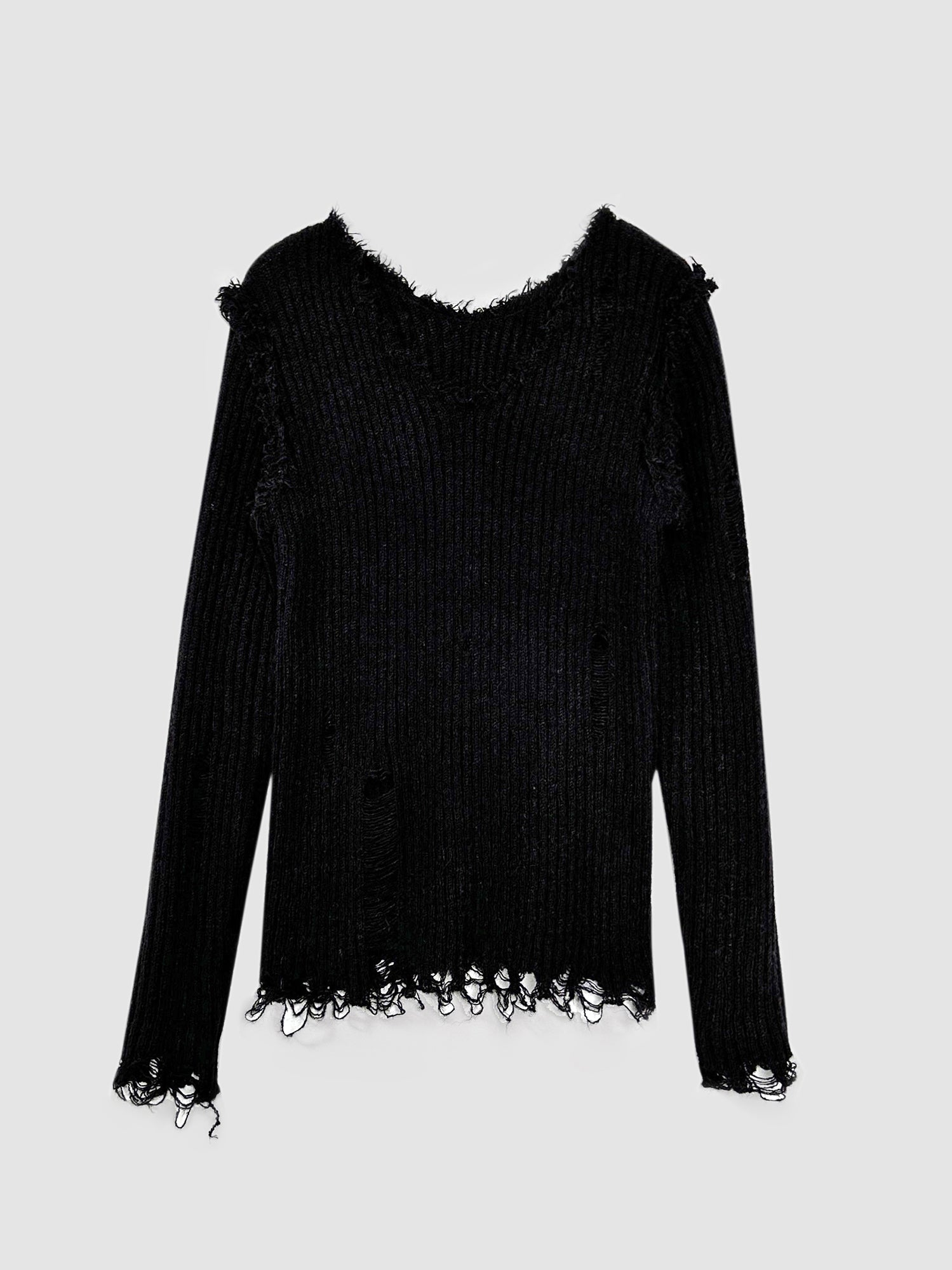 Frontal view of the black ripped sweater, embodying the chic essence of Korean aesthetic outfits.