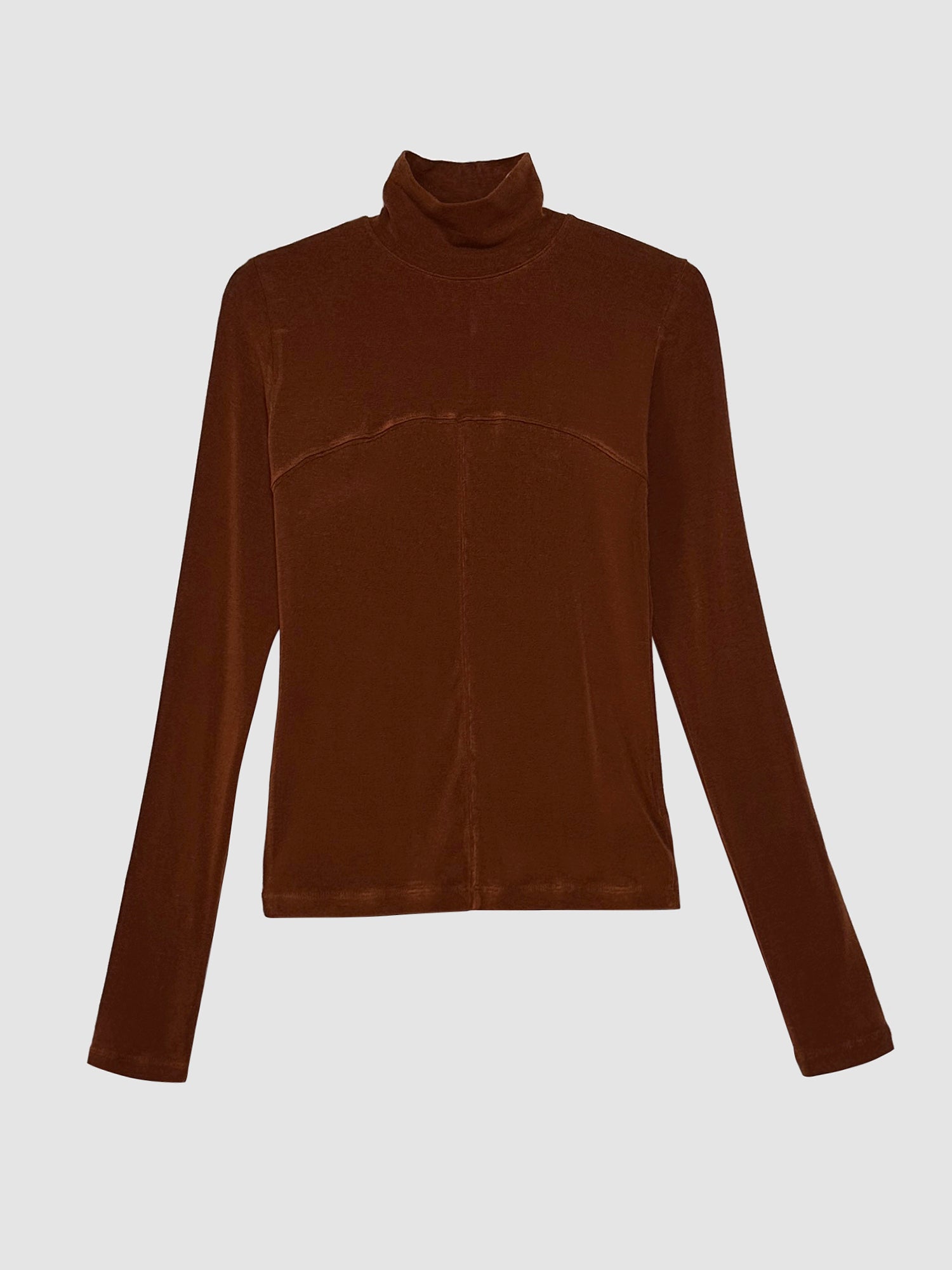 Front detailed view of the seamed turtleneck that is color brown.